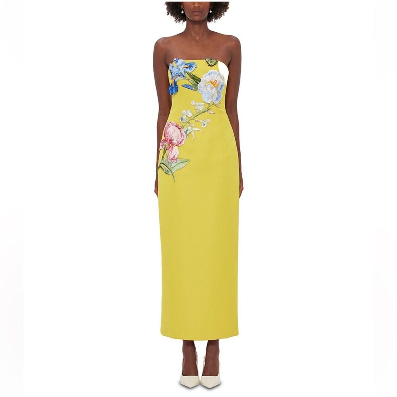 Leo Lin Rayna Floral Appliqué Bustier Maxi Dress Yellow Strapless Luxury US 2