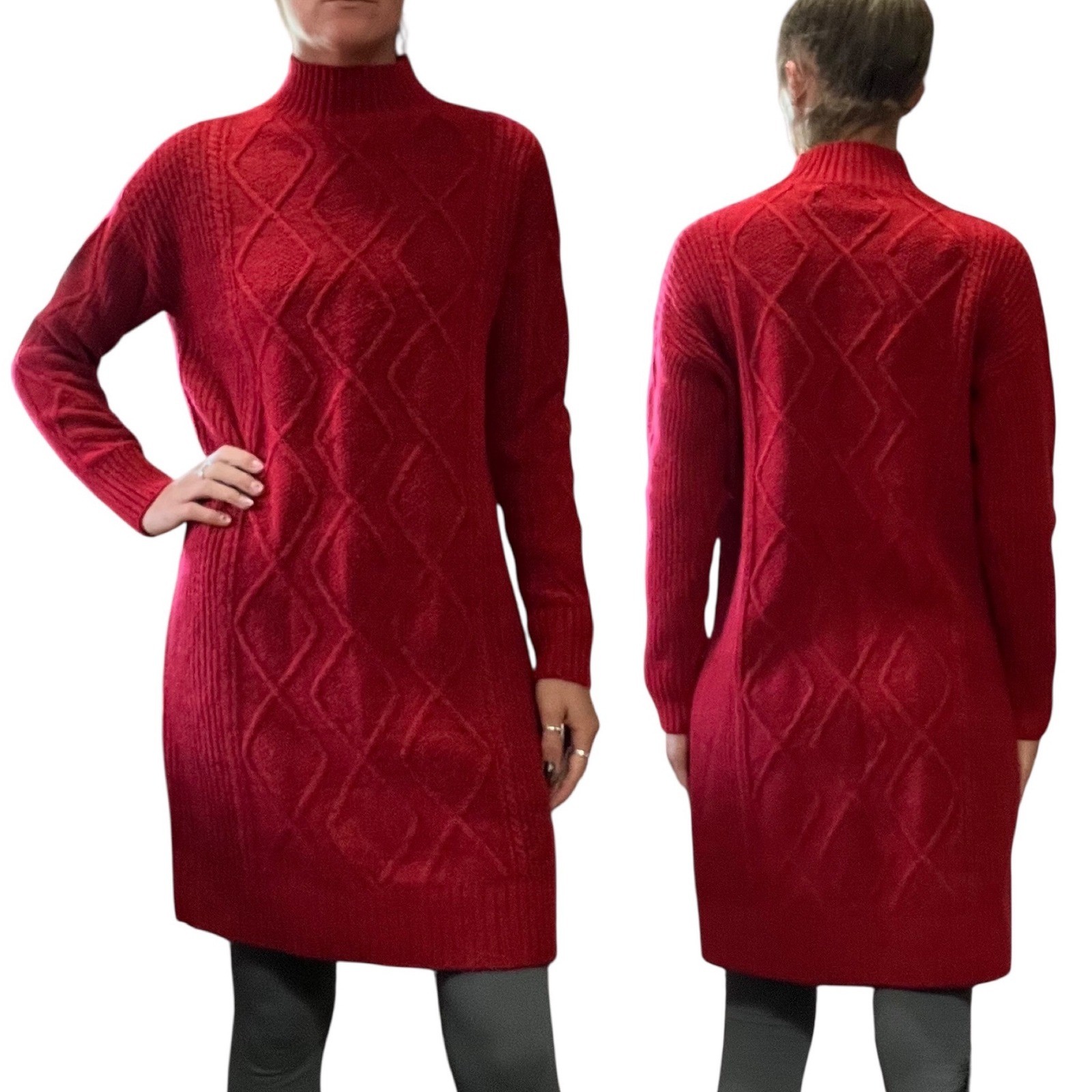 LOFT Women’s Sm. Red Cable Knit Mock Neck Long Sleeve Sweater Dress Cozy Holiday
