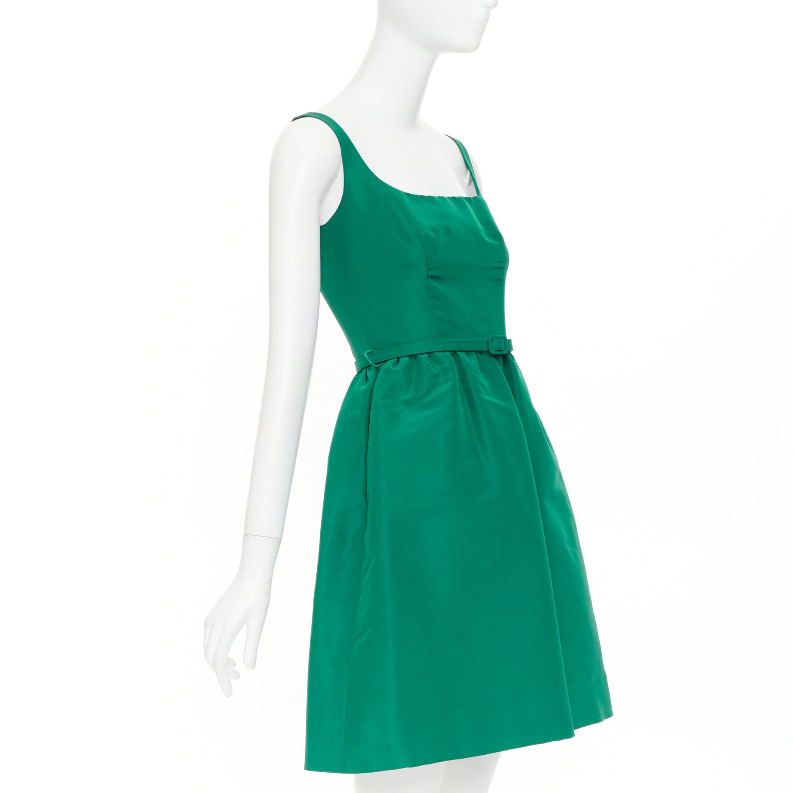 OSCAR DE LA RENTA 2017 green silk faille square neck belted flare dress IT40 S