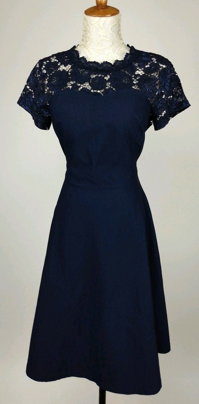 Miusol Fit & Flare 4% Stretch Dressy Dress Size M, L Lace Sweet Heart Neck Navy
