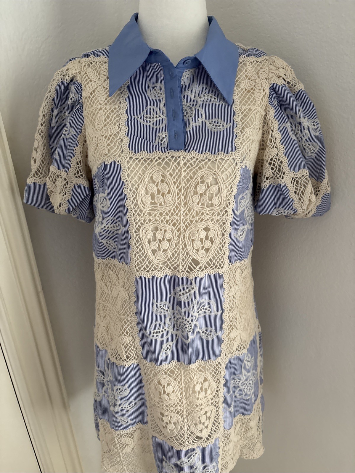 Sofie the label Blue Ivory Crochet Shirt Dress S Collared Puff Sleeve Button