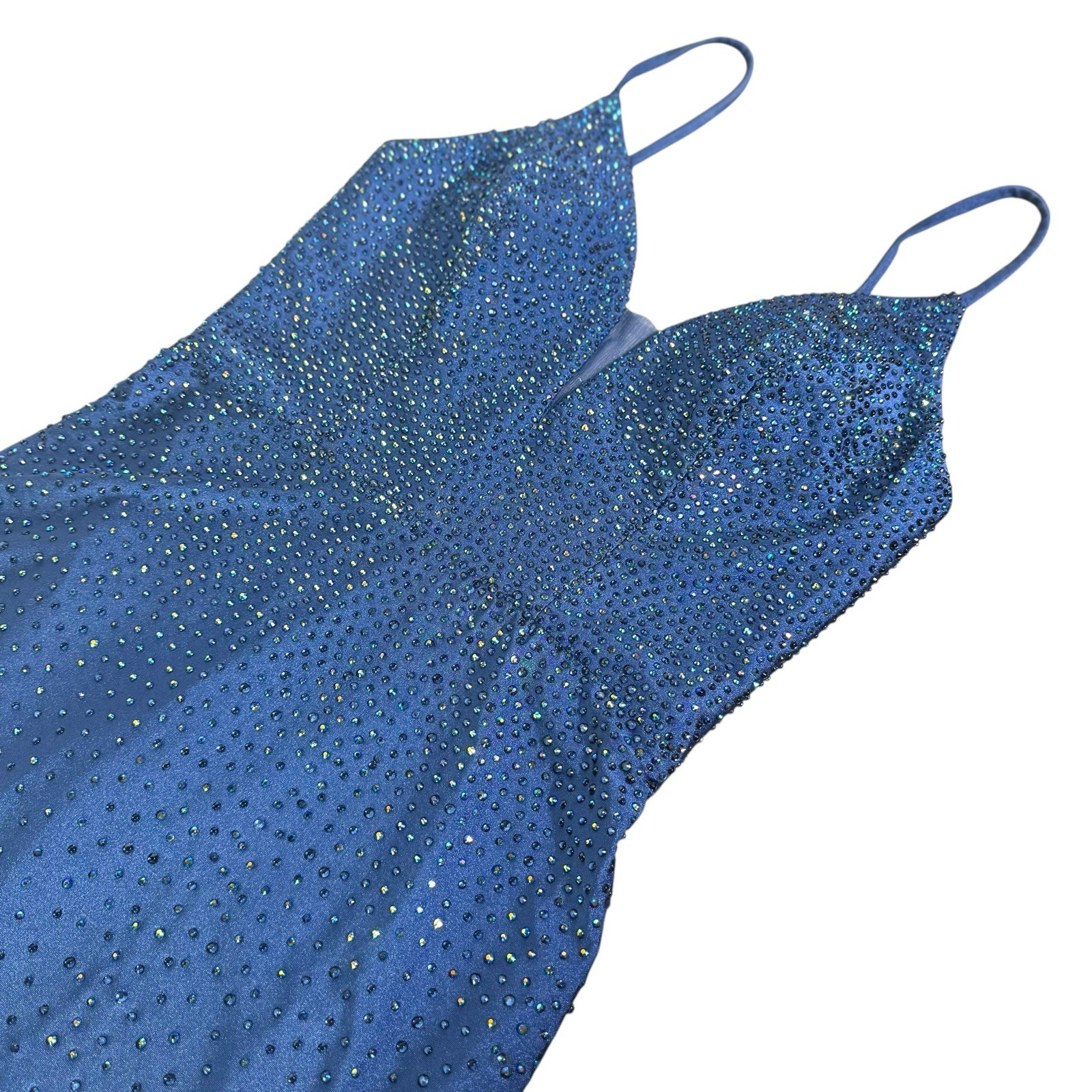 Dancing Queen Navy Blue Beaded Sparkling Maxi Train Evening Dress Sz S