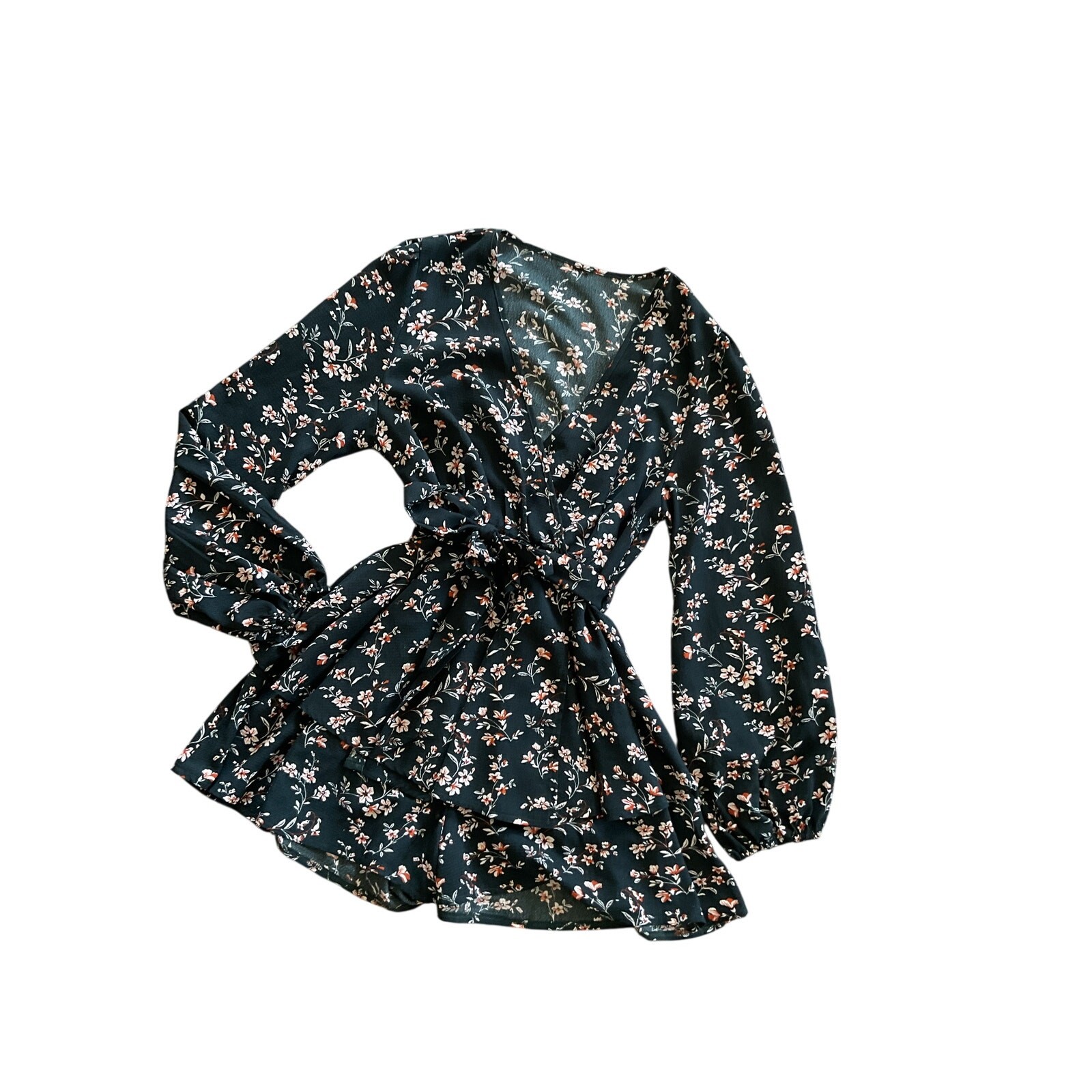 Ruffly romper jumpsuit wrap front Deep neck XL teal floral boho puffed sleeves