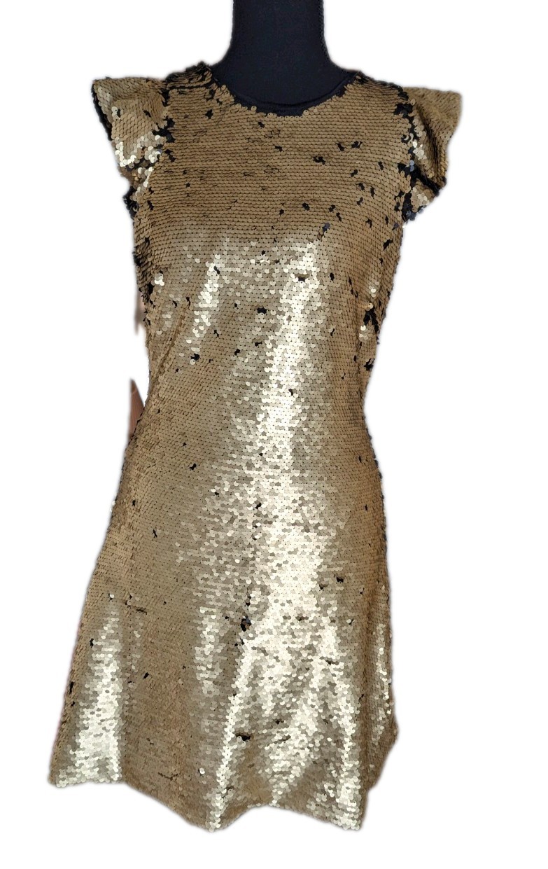 Gold Matte Sequin Bodycon Cap Sleeve Party Dress Women’s Size Medium