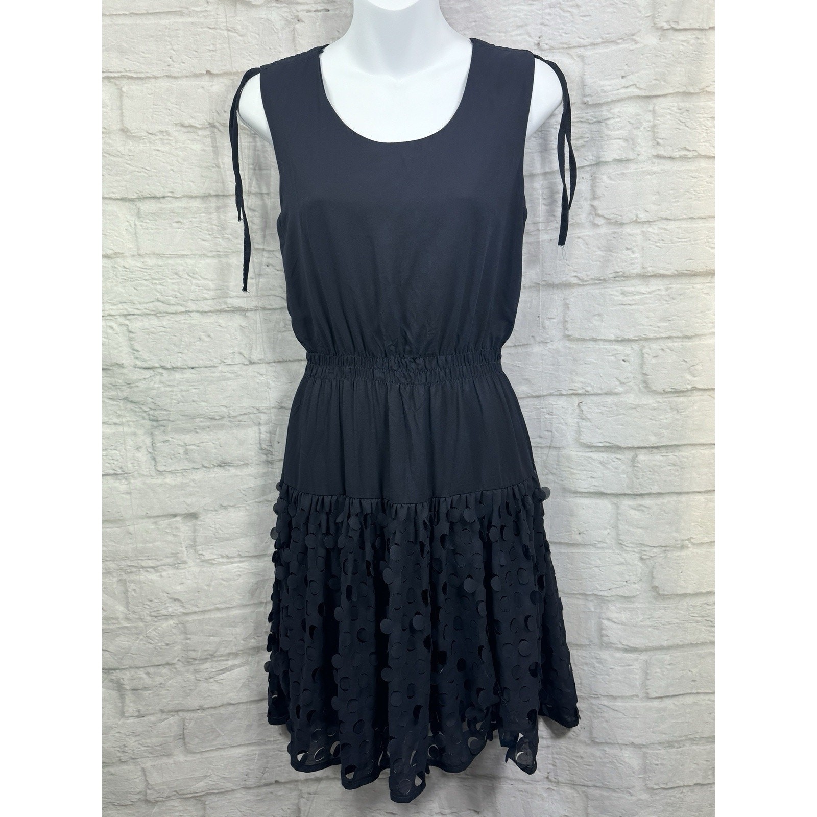 Blush A-Line Blouson Dress Navy Blue Size 8 Cut Out Circles Chiffon Summer Strap
