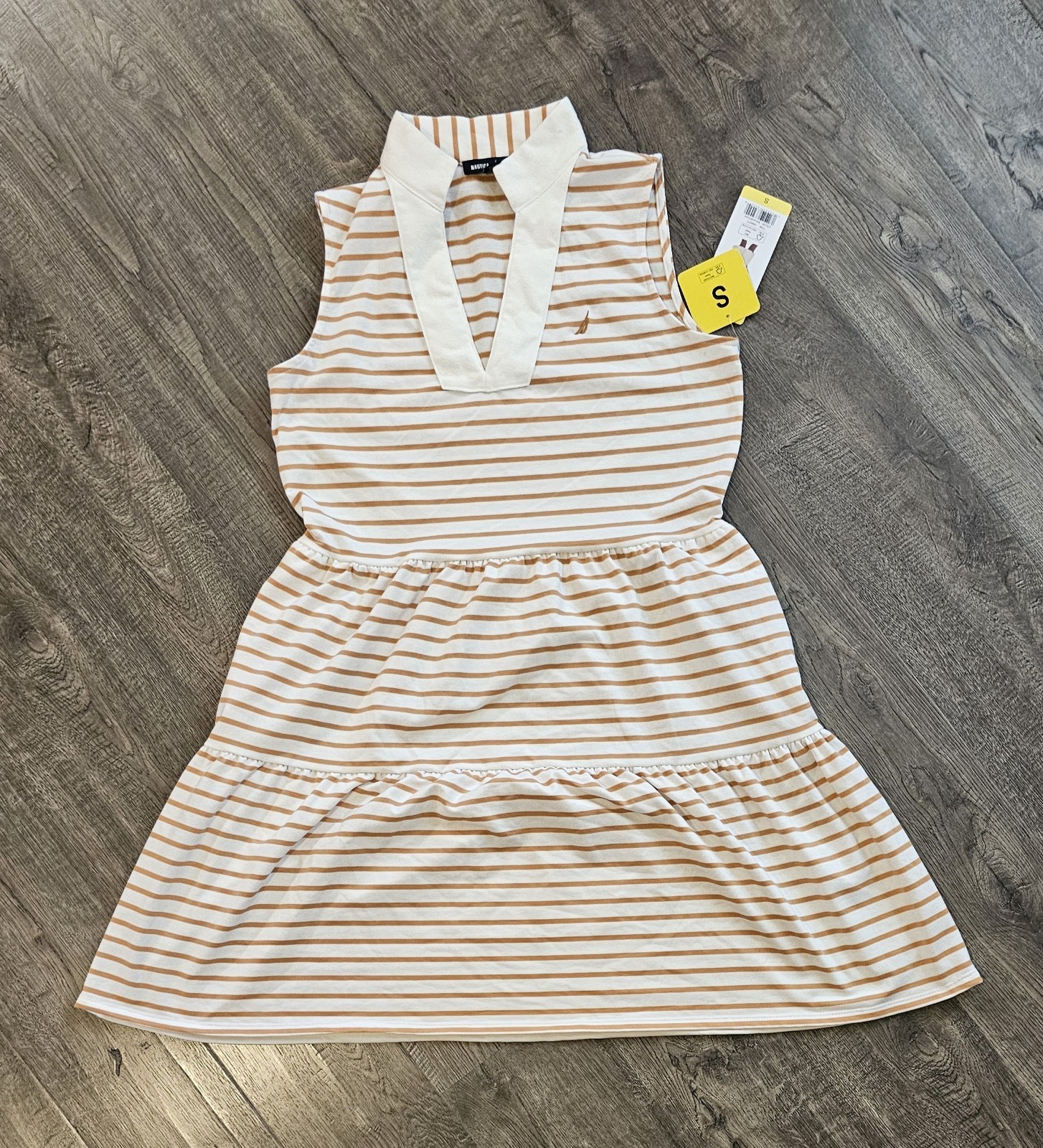 Nautica Jeans Women’s Tiered Collar Sleeveless Mini Dress, Almond/Ivory, Size S