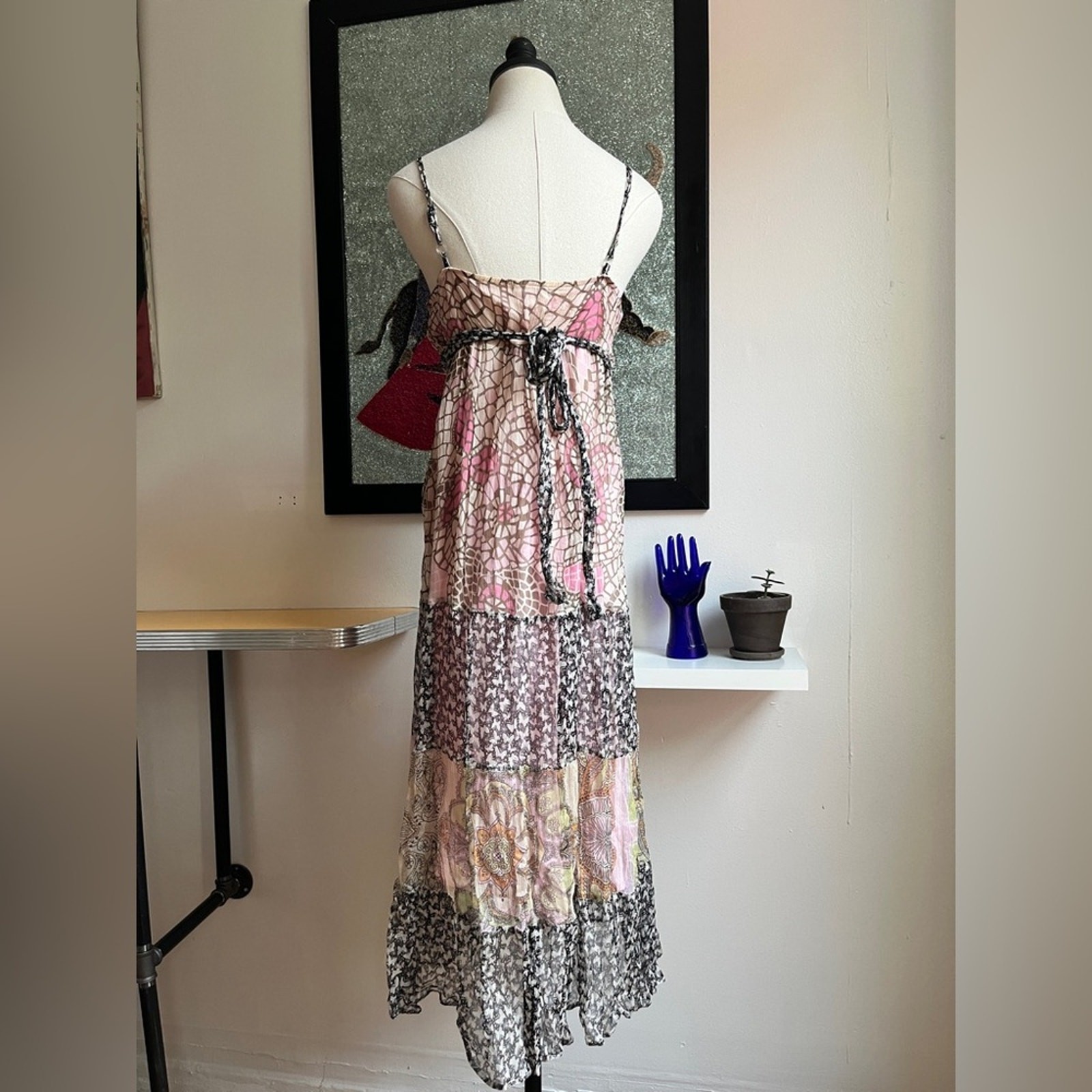 Y2K Patchwork Slip Maxi Dress | Boho Tiered Chiffon | Pink Floral Paisley | M