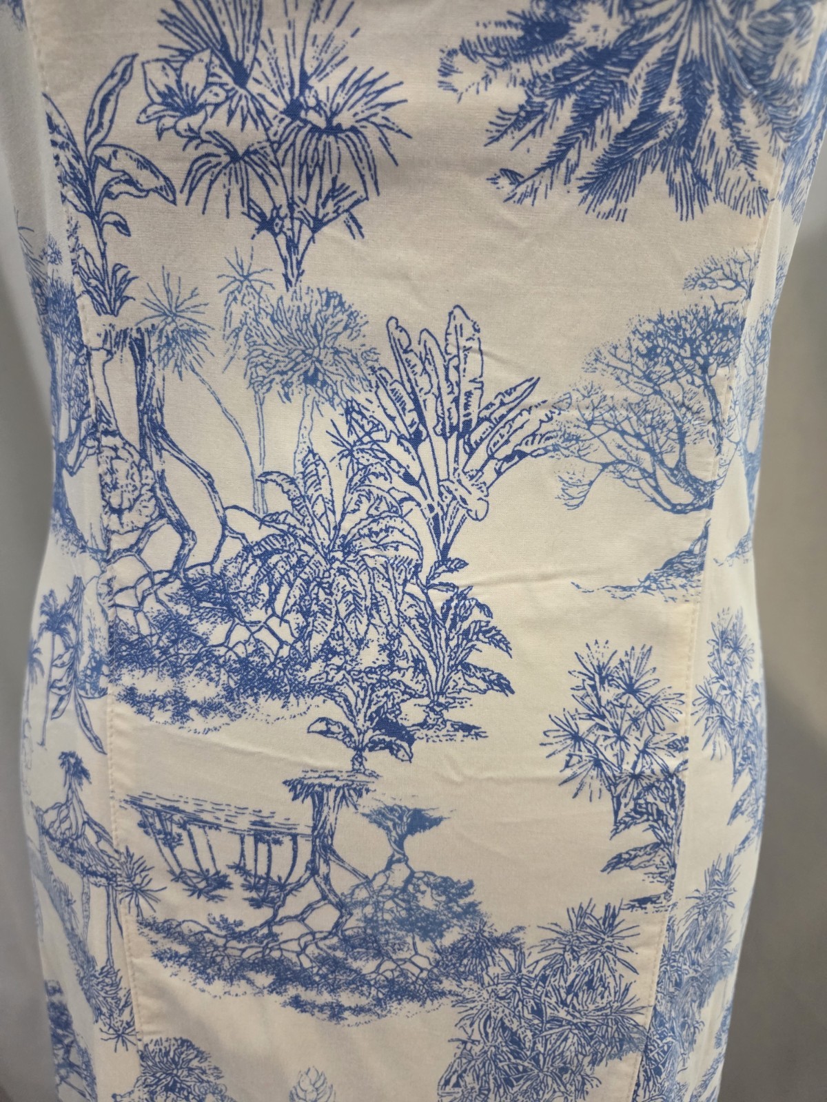 Iris White/Blue Toile Square Neck Strappy Halter Sleeveless Mini Dress M