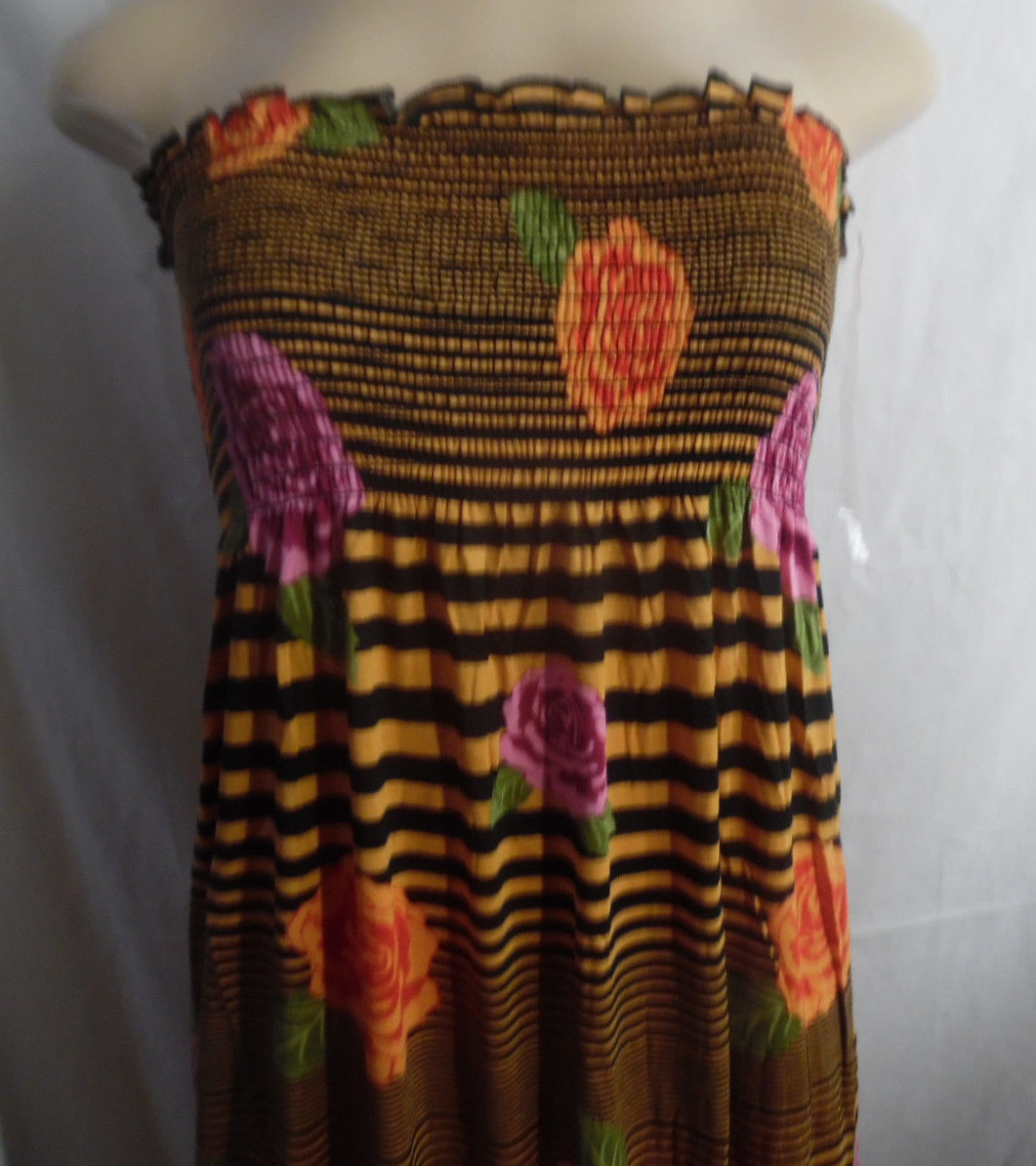 GOLD BLACK ROSES PINK LILAC etc ELASTIC TOP LONG STRAPLESS DRESS RAYON 1X