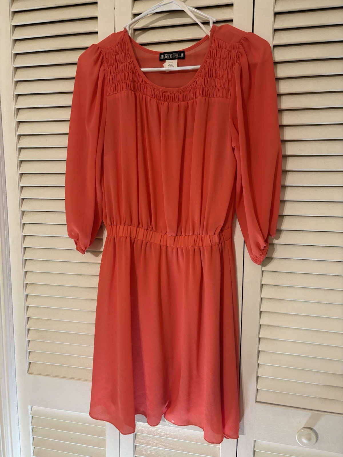 Paper Doll Coral Chiffon Smocked Puff 3/4 Sleeve A-Line Short Dress Small