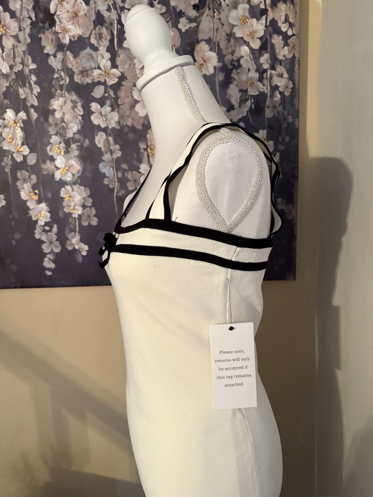 Endless Rose White Black Knit Bodycon Dress Bow Contrast Trim Sleeveless Size M