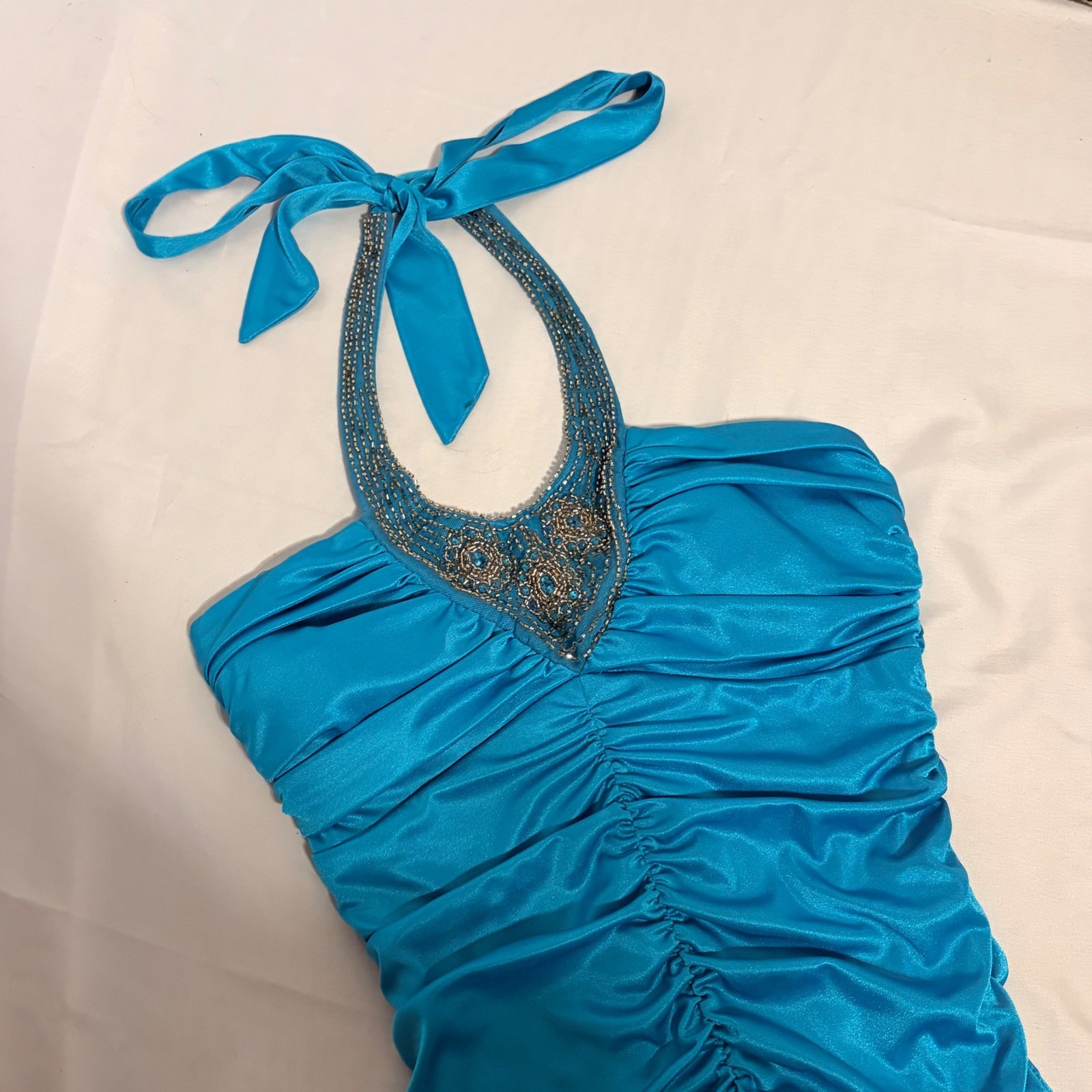 CITY TRIANGLES Turquoise Beaded Halter Ruched mermaid style gown silver detail