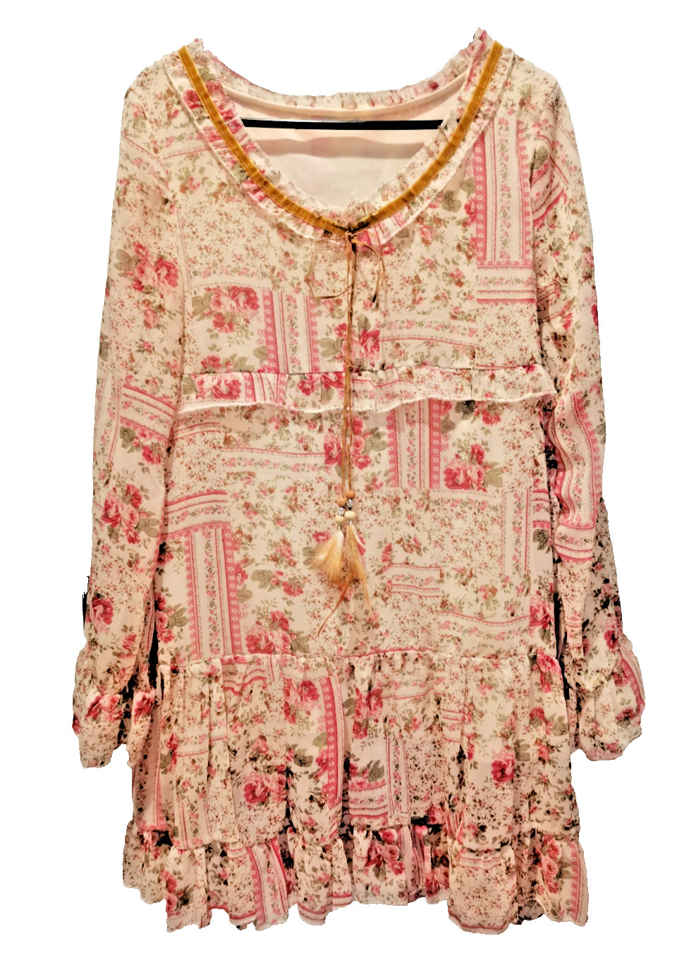 Vintage Boho Floral Dress Pink Cream Tiered Ruffle Tassel Smock Mini Dress