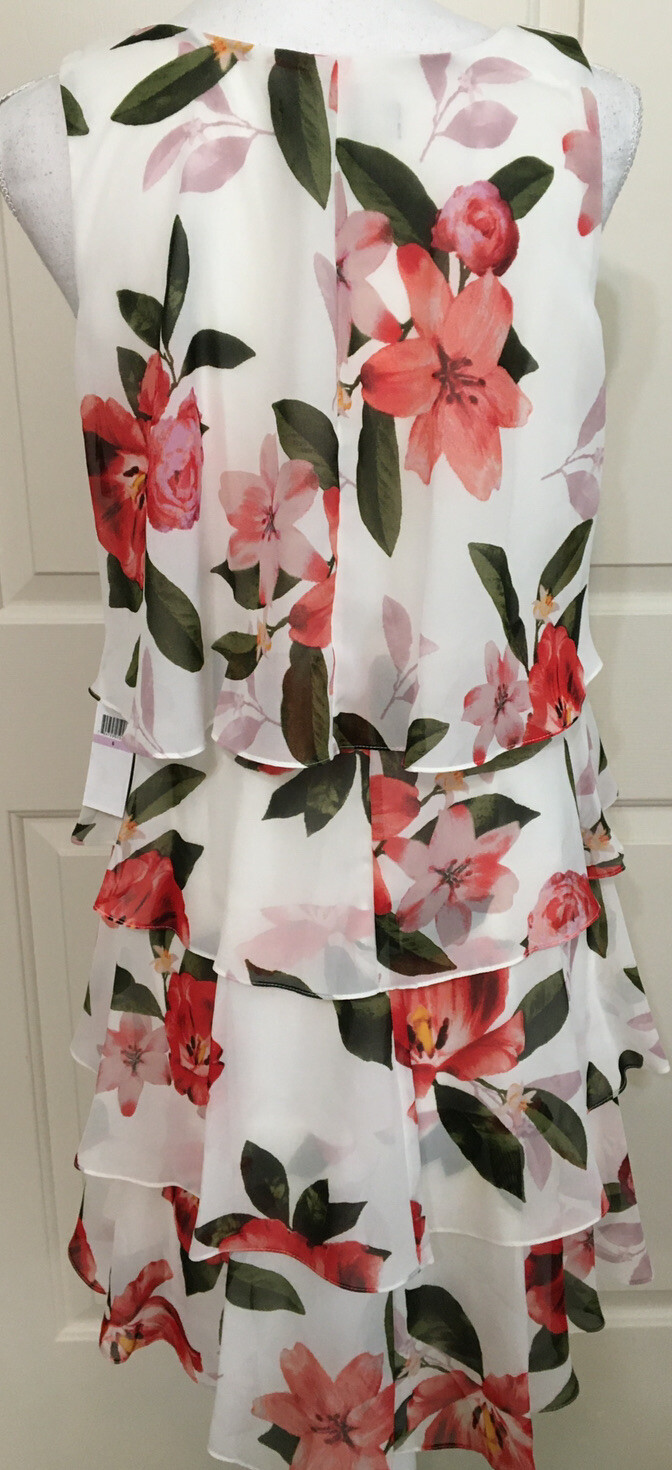 NWT Ignite Evenings size 6 ivory red green short sleeve ruffle tiered dress