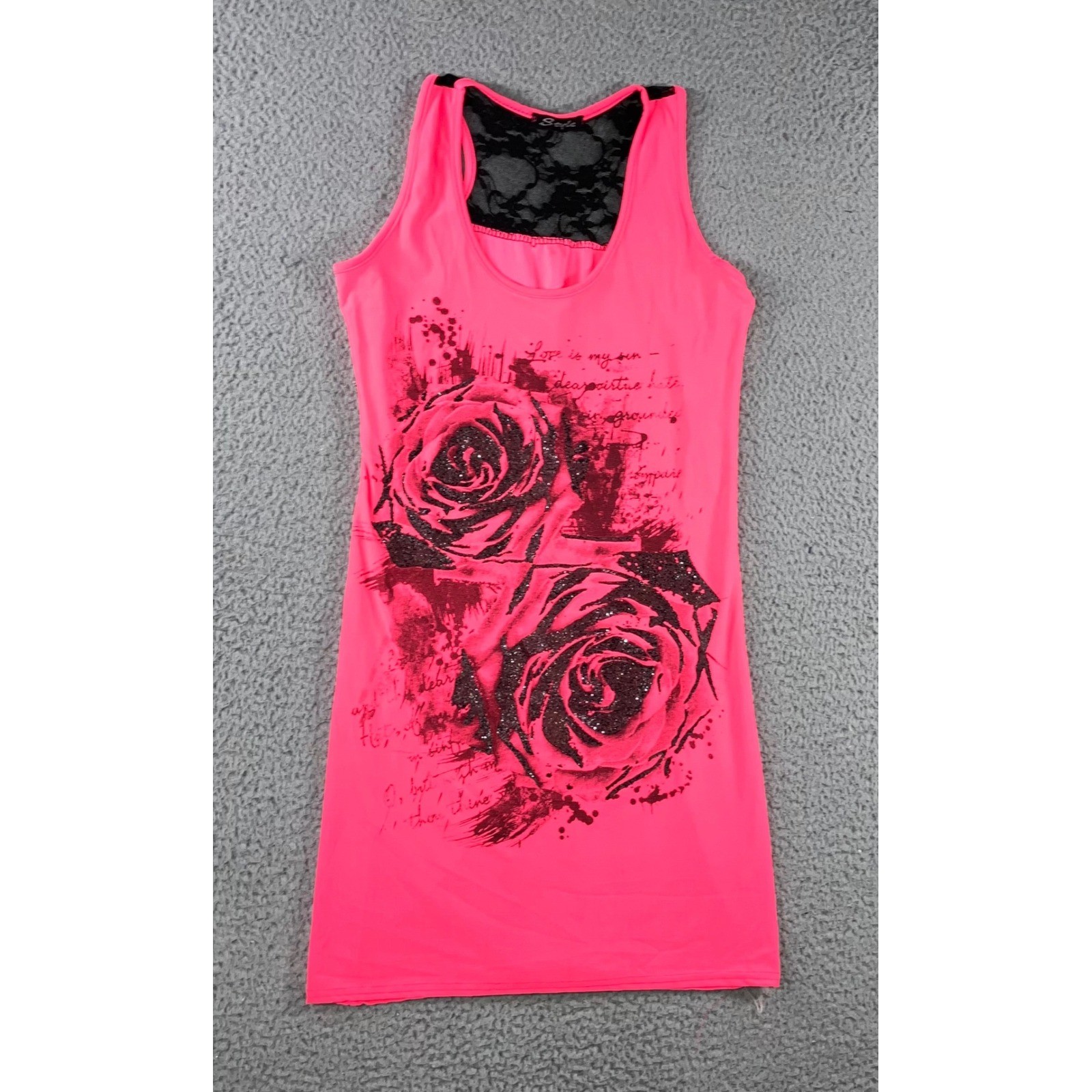 Y2K VTG Graphic Tank Dress Women XS/S Neon Pink Rose Glitter Lace Racerback