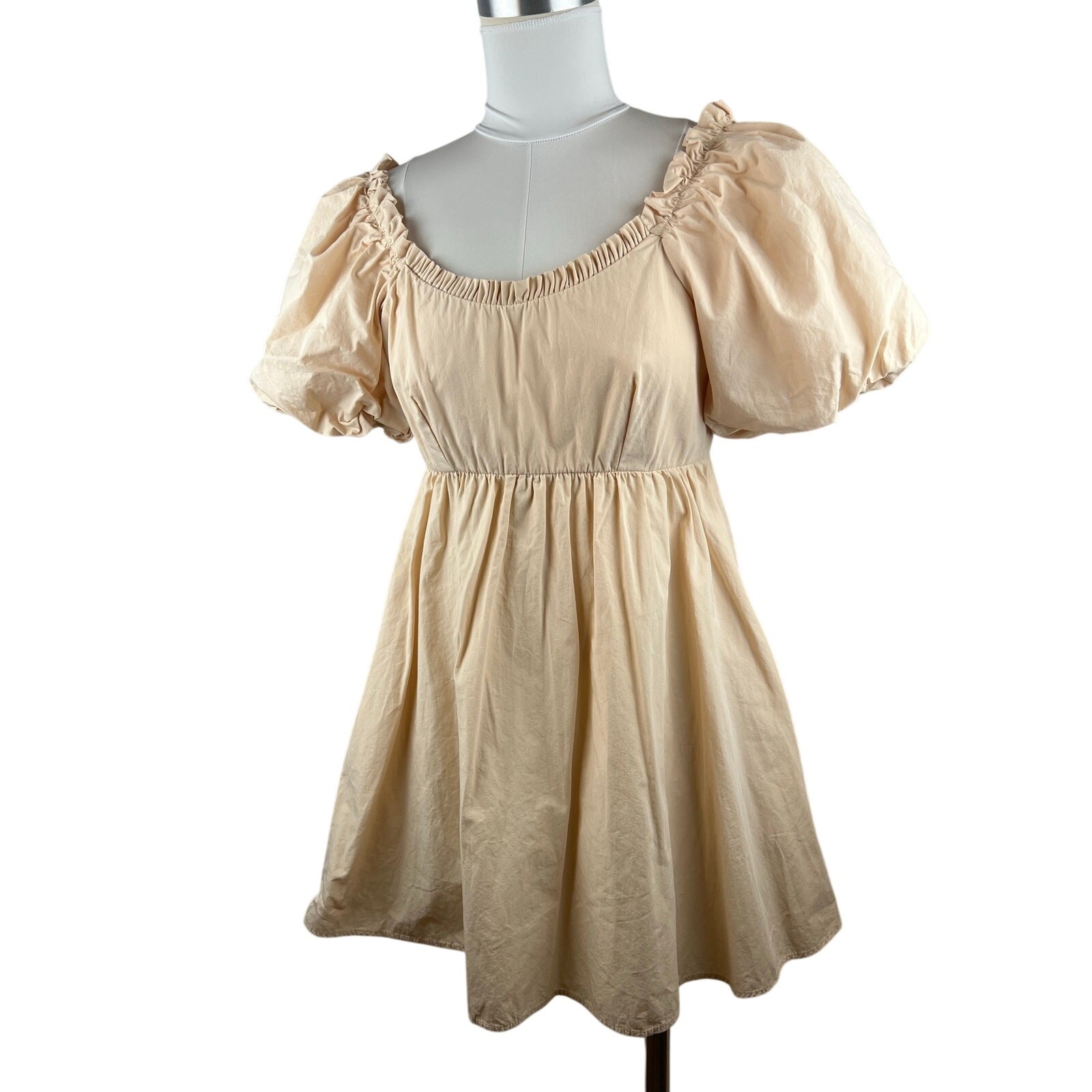 Nobody’s Child Organic Cotton Puff Sleeve Babydoll Mini Dress Cream US 4