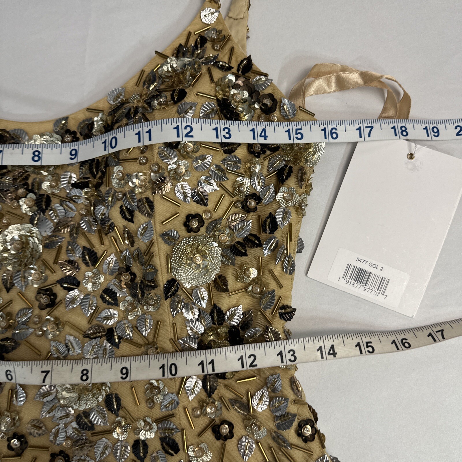 NWT Mac Duggal [ 2 ] 5477 Floral Embellished Scoop Neck Evening Gown Gold J1404