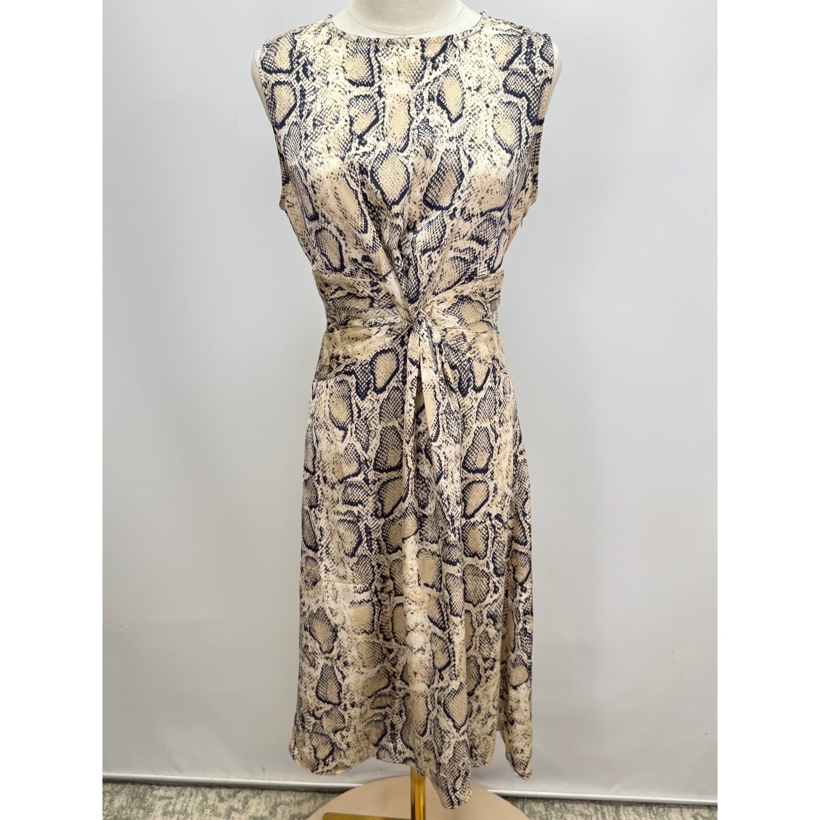 AQUA Womens Snakeskin Print Twist Front Sleeveless Midi Dress Neutral Beige M