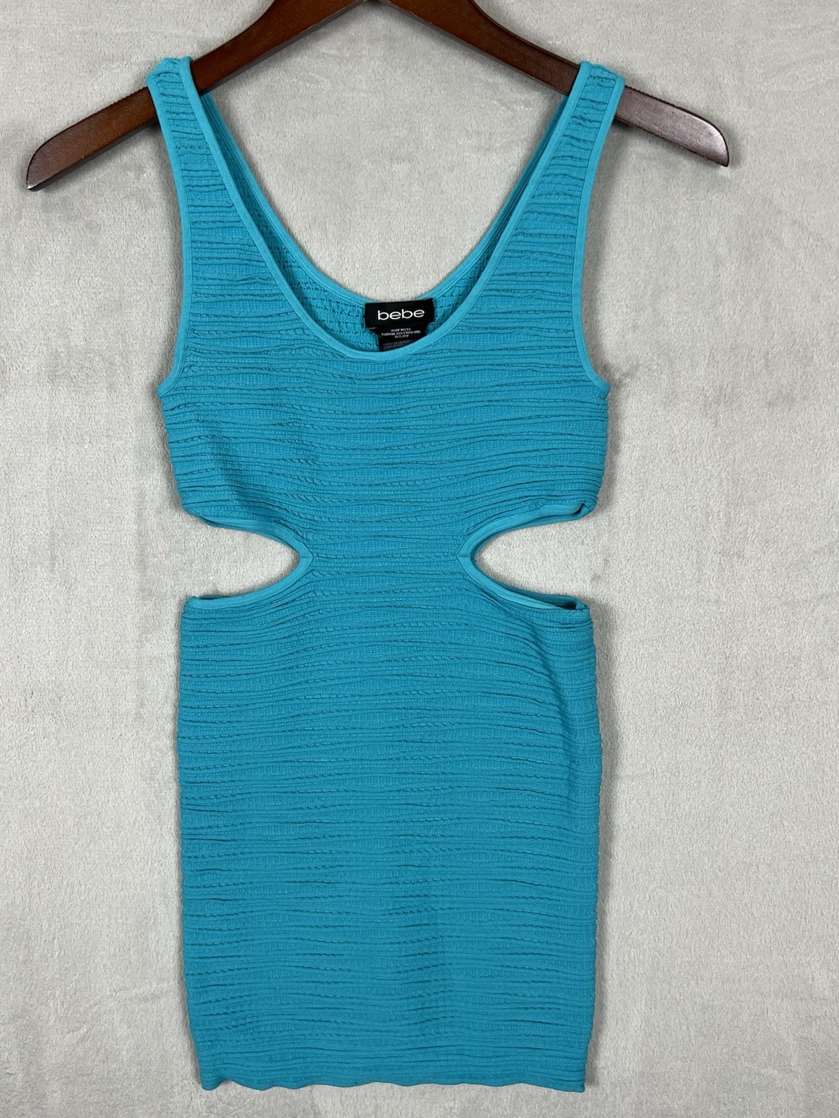 Bebe Cut Out Bodycon Tank Mini Dress Women’s Small Turquoise Y2K Stretch Club