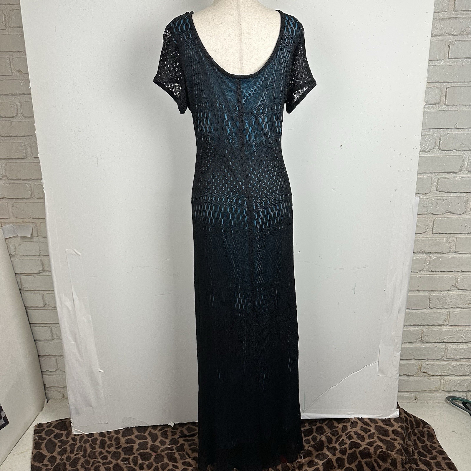 Vtg Maxi Dress Black Crochet Blue Lined 90s Y2K Whimsigoth Fairy Grunge Boho L