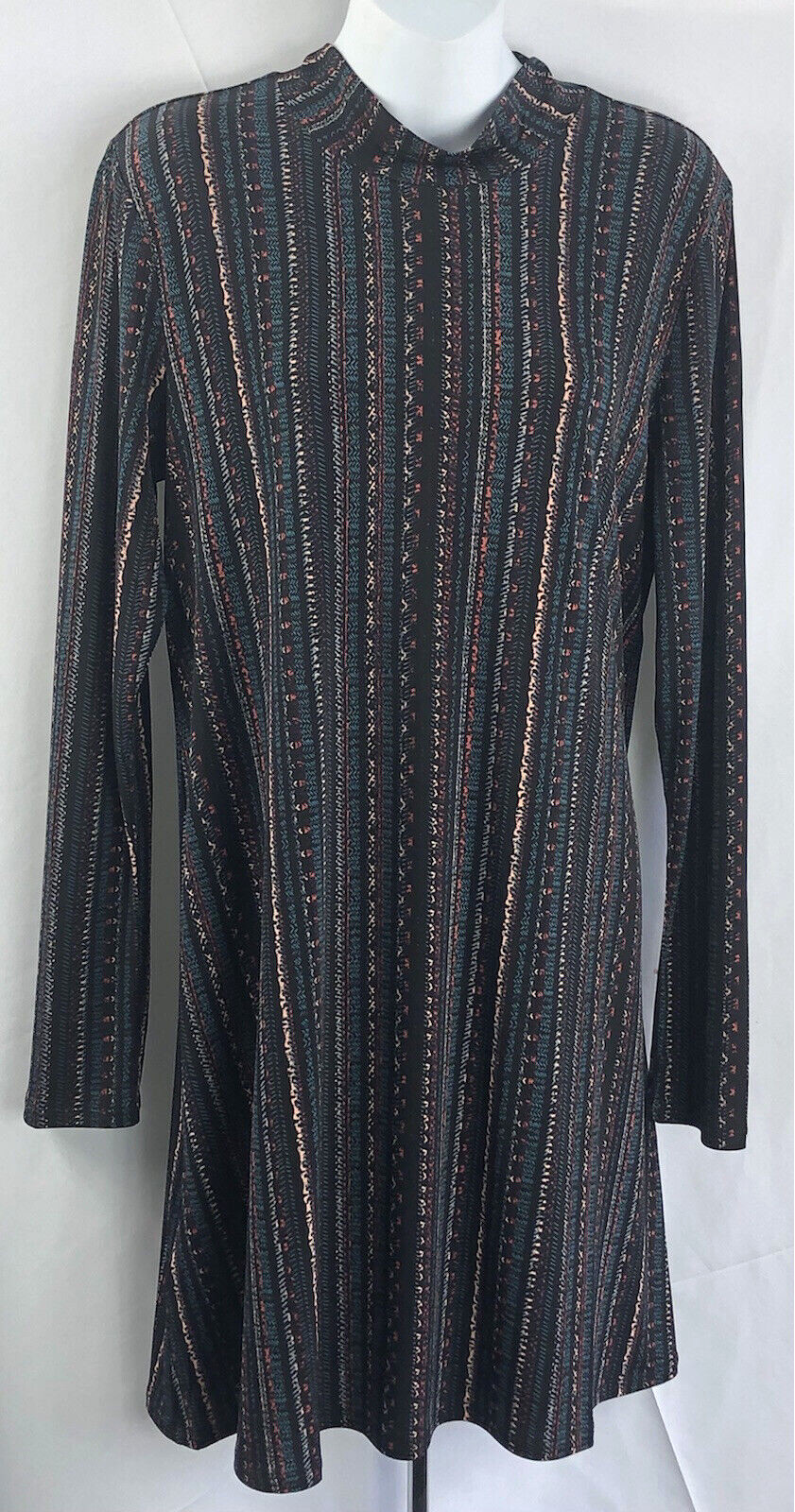 Vintage BCBG Mini Dress L Blk/Green Mock Neck Longsleeve Grunge Boho Mod Hippie