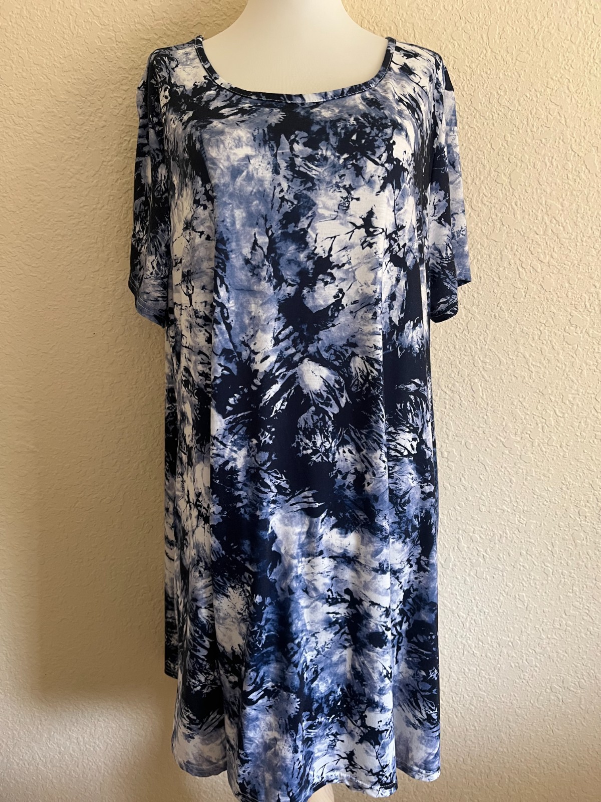 Blue & White 3XL Tie Dye Look Cotton Blend Knit Round Neck SS A-Line Dress Nice
