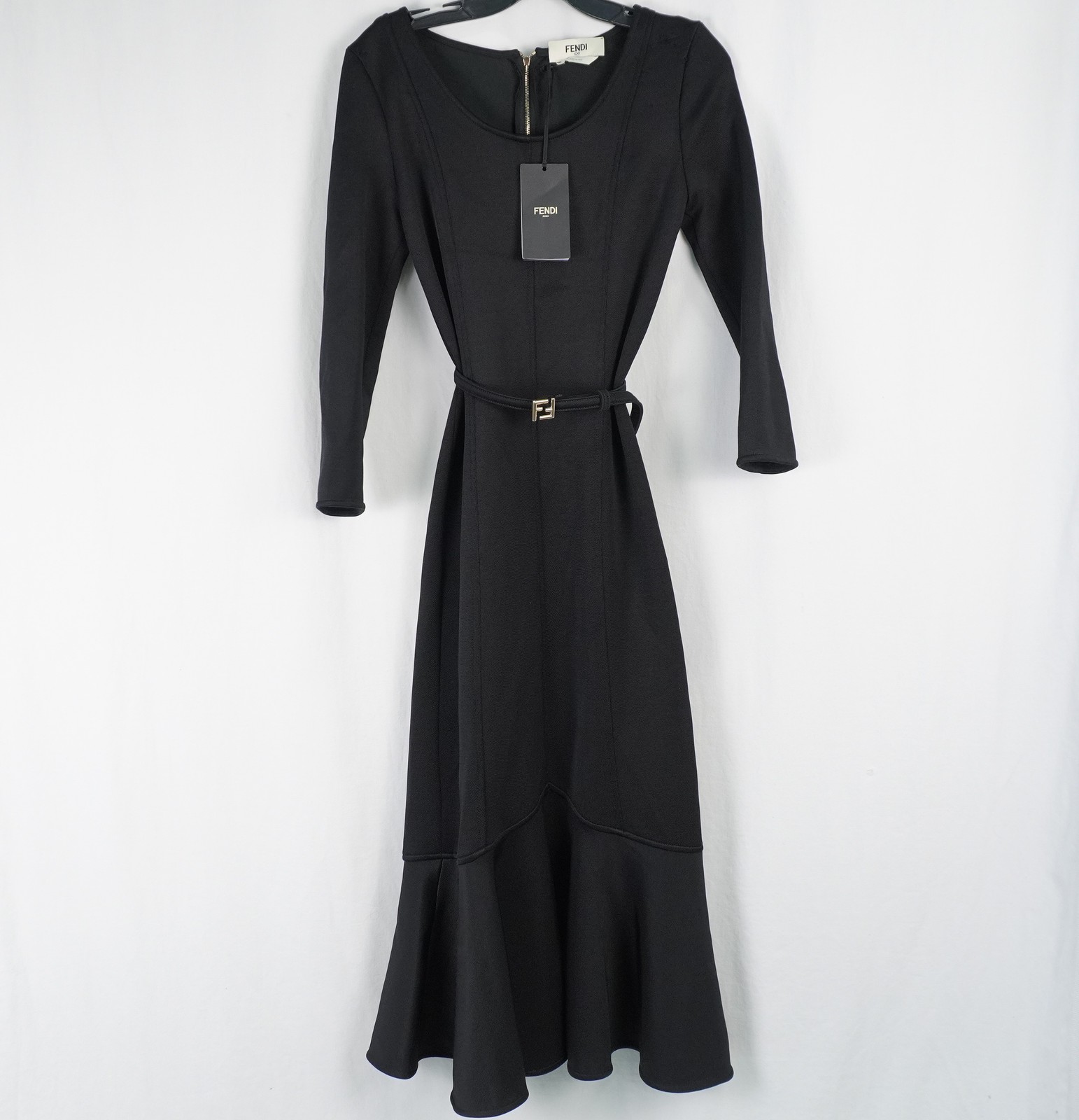 Fendi Peplum Hem Midi Dress In Black With Thin Emblem Belt – Women’s Size 40