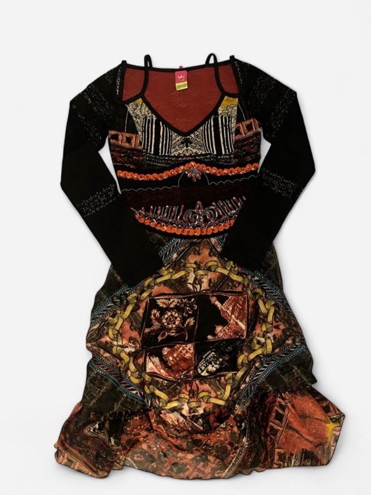 Save The Queen! Print Mesh Tulle Embroidered Eyelet Lace Cut-Out Dress Size L