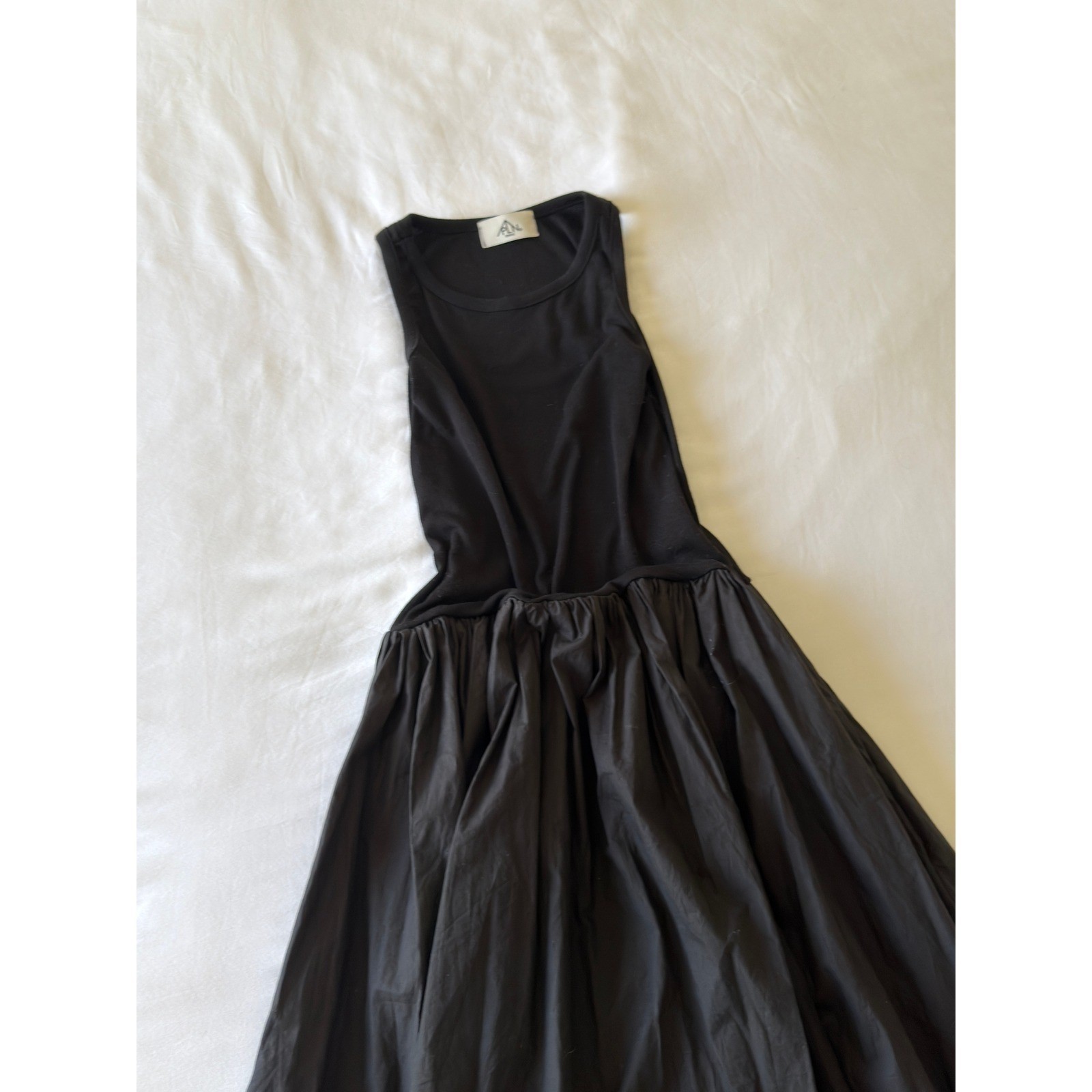Source Unknown PLN Seoul Black Mixed Media Sleeveless Drop Waist Poplin Dress