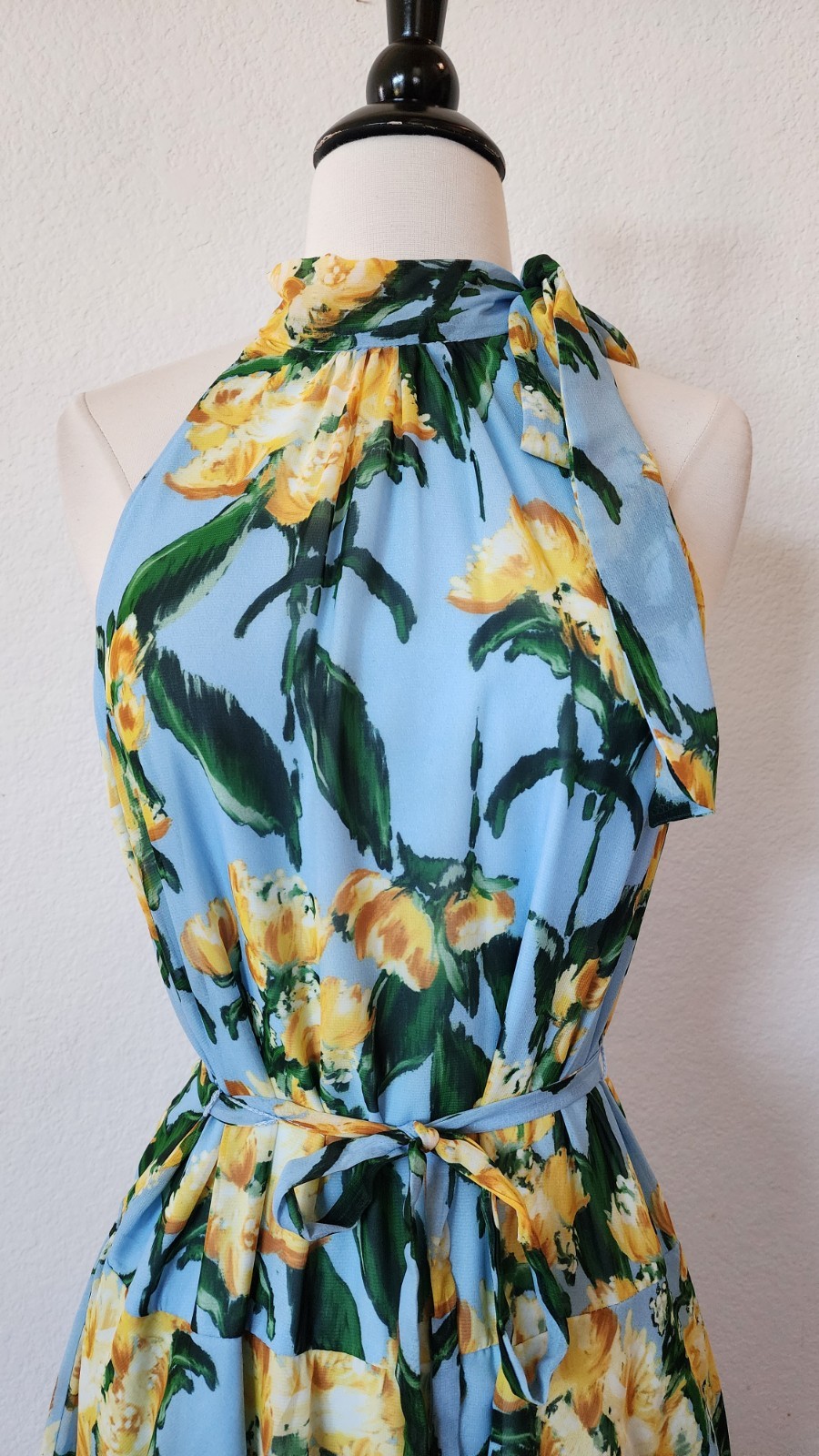 New Maxi Dress Size Large XL Chiffon Blue Floral Tiered Halter Bow Elegant