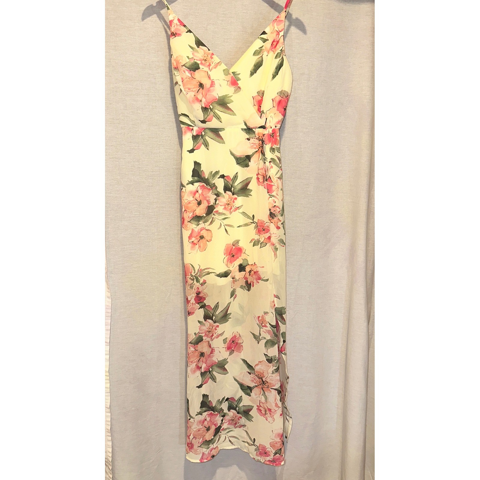 Floral Maxi Dress Cream Pink XS Adjustable Straps High Slit wedding guest