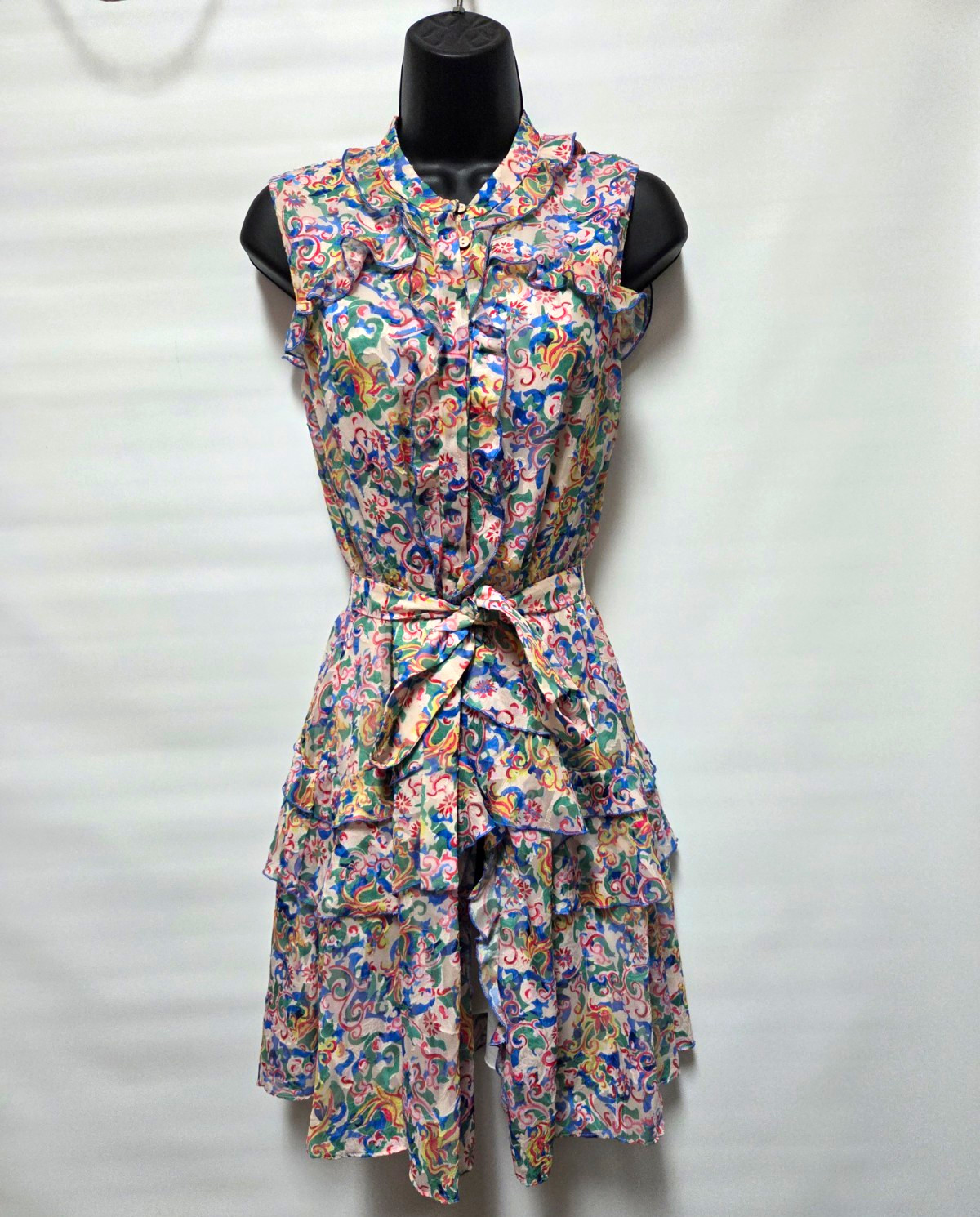 SALONI Size 6 Multicolor Floral Sleeveless Collared Button Shirt Dress Belted