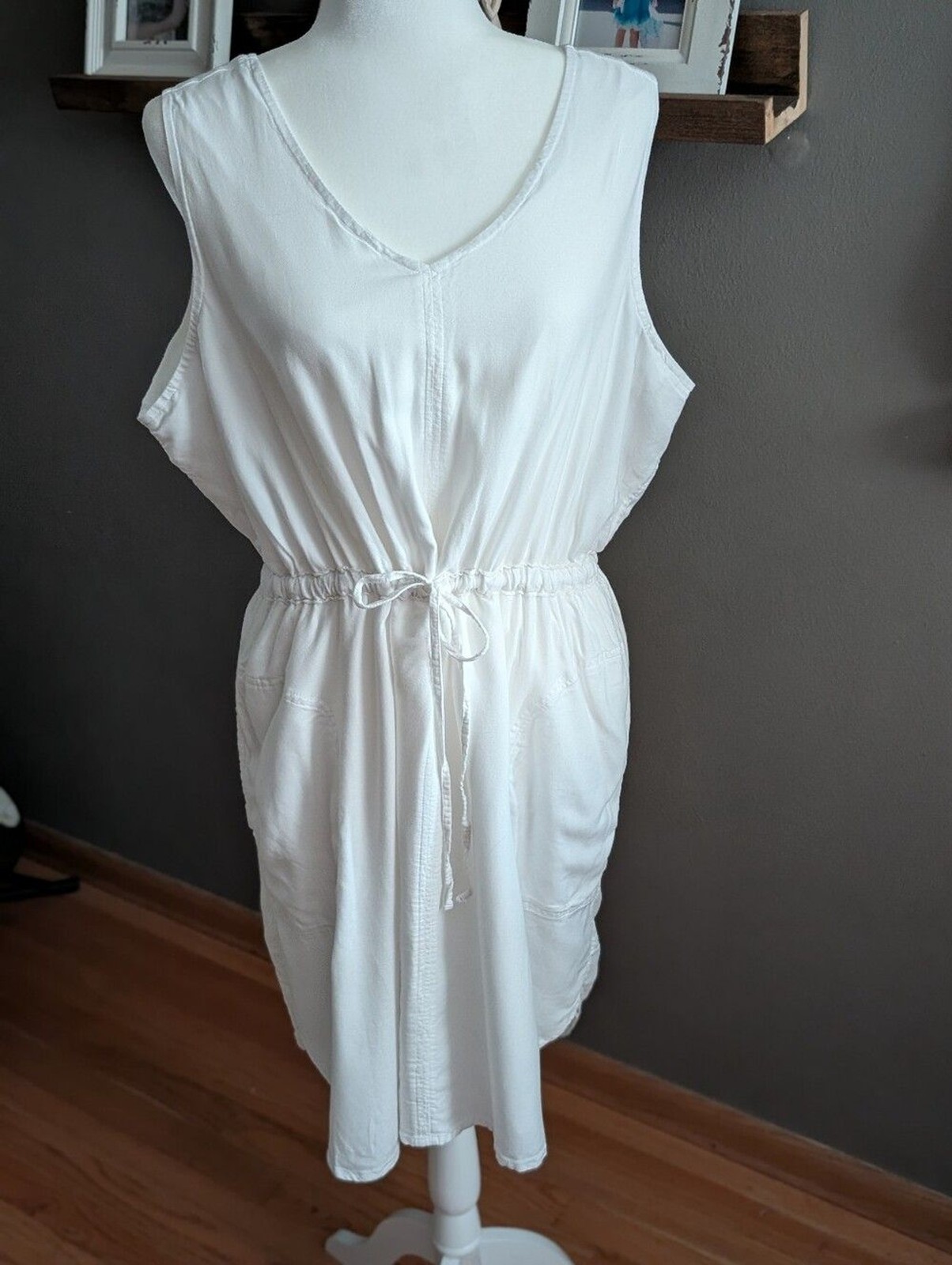 Womens XL White V-Neck Drawstring Beach Cover Up Resortwear Summer Mini Dress