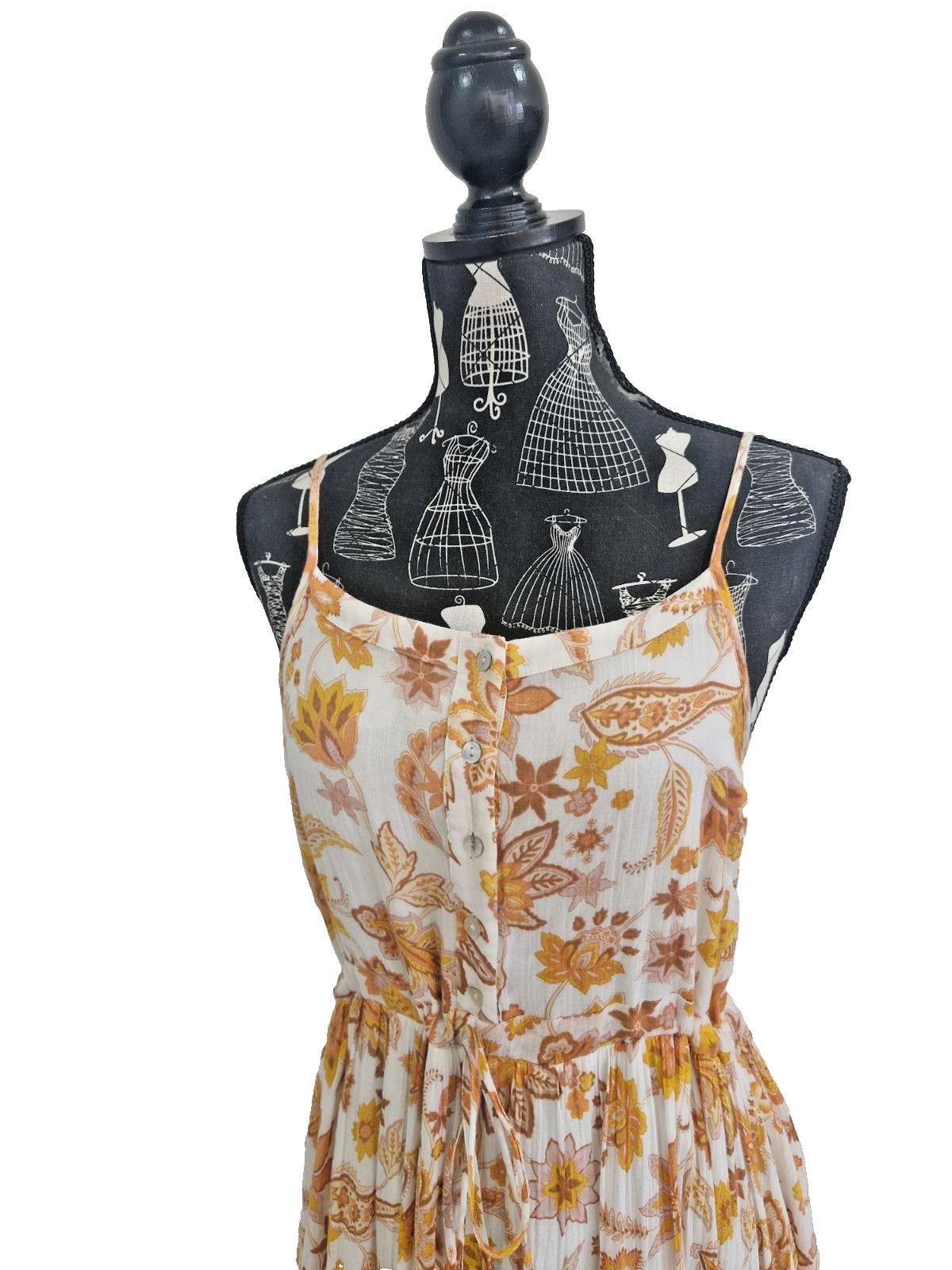 Ghanda Cotton Midi Dress Womens S White Orange Floral Button Tie Waist