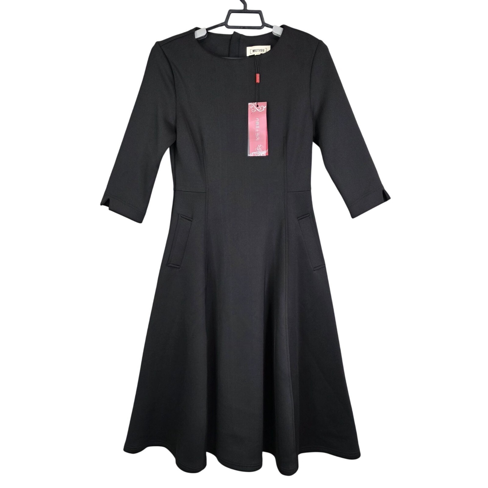 Womens Metisu Black Midi Dress 3/4 Sleeves Back Zipper Polyester Blend Stretch M