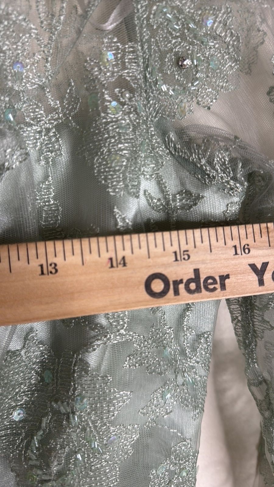 vtg Cassandra Stone Dress Womens 8 Sage Green Lace Gown Formal Evening Beaded