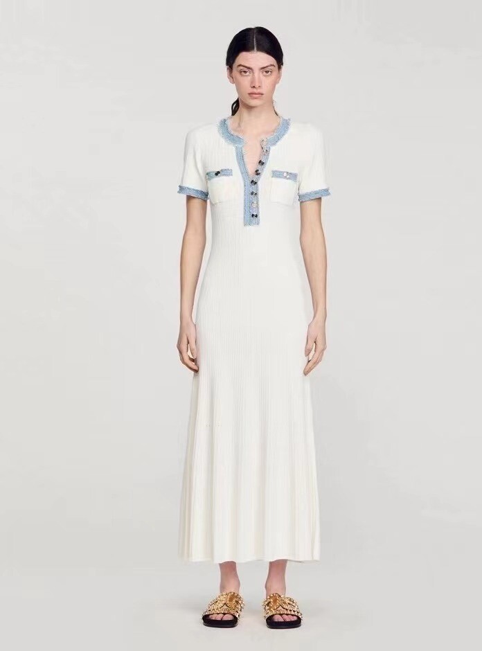 NEW Sandro Denim patchwork knit Short sleeve long dress Women’s