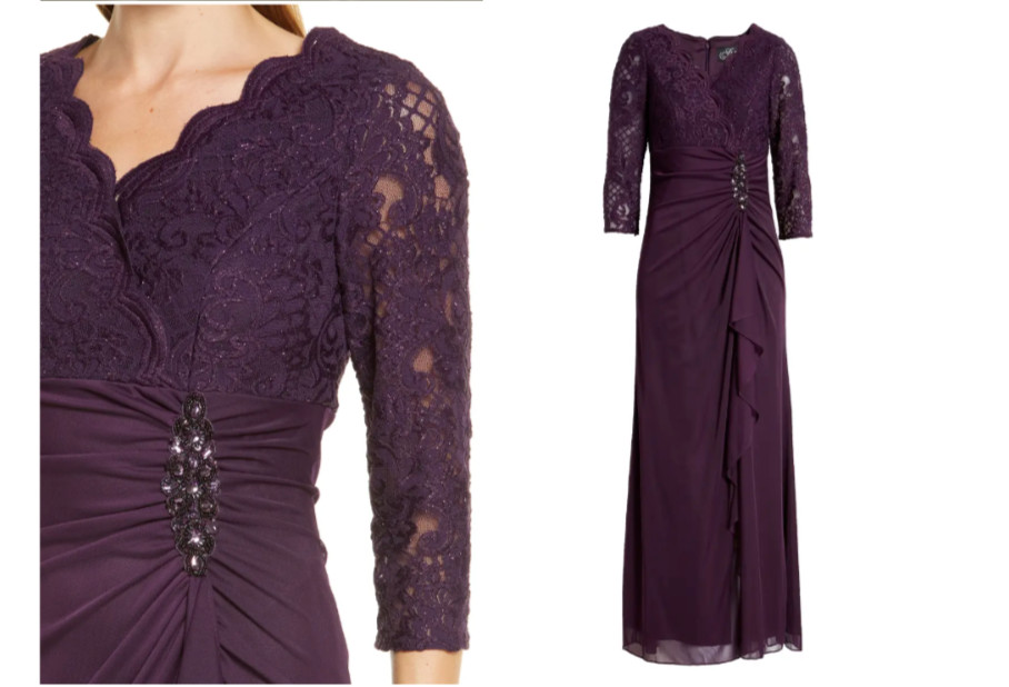 ALEX EVENINGS Purple Eggplant Sequin Beaded Jewel Lace Ruffle Gown Maxi Dress 16