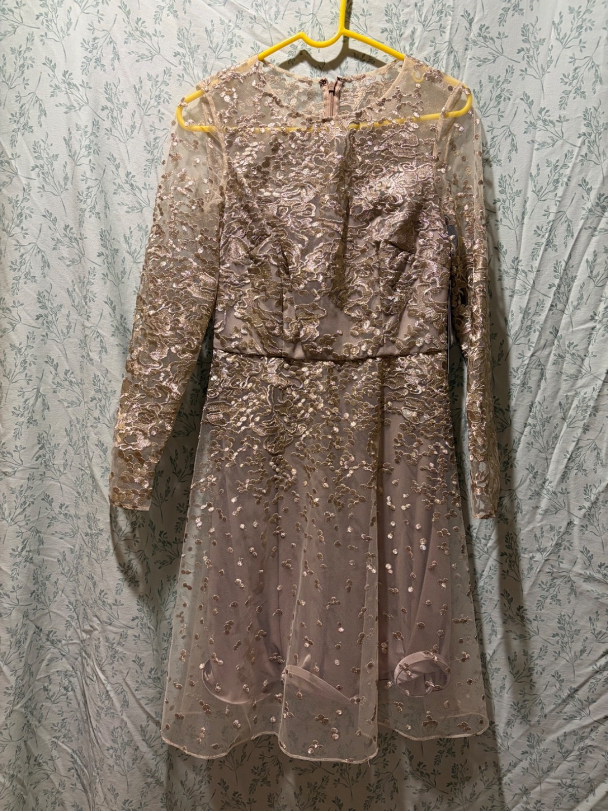 David Meister Cocktail Dress, Size 2 Gold Lace Beaded Accent Sheath, NWT