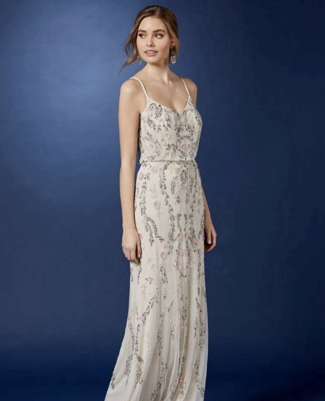 ADRIANNA PAPELL Ivory Pink Silver Embellished Beaded Floral Mesh Blouson Gown 6