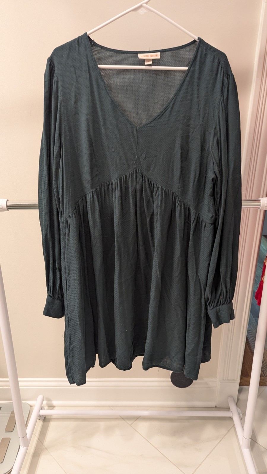 Knox Rose Women XL Dark Teal Green Textured Long Sleeve Empire Waist Tunic Dress