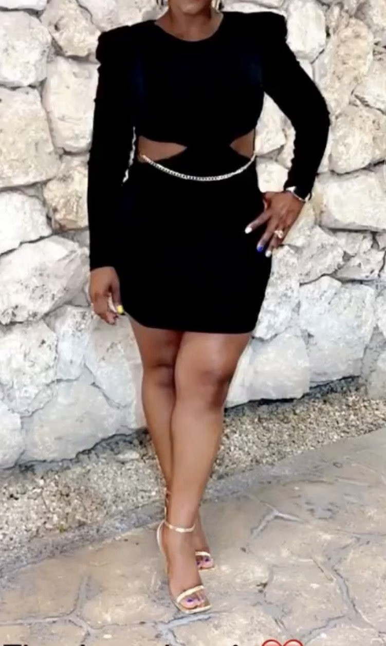 Black Chain Accent Bodycon Mini Dress Cut Out Round Neck Long Sleeve S