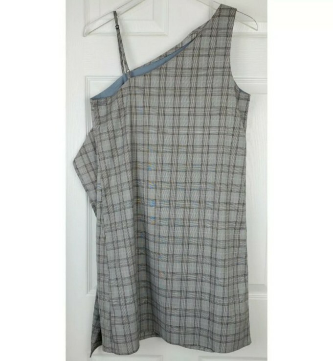 Sugarlips one shoulder side ruffle plaid gingham grey shift dress