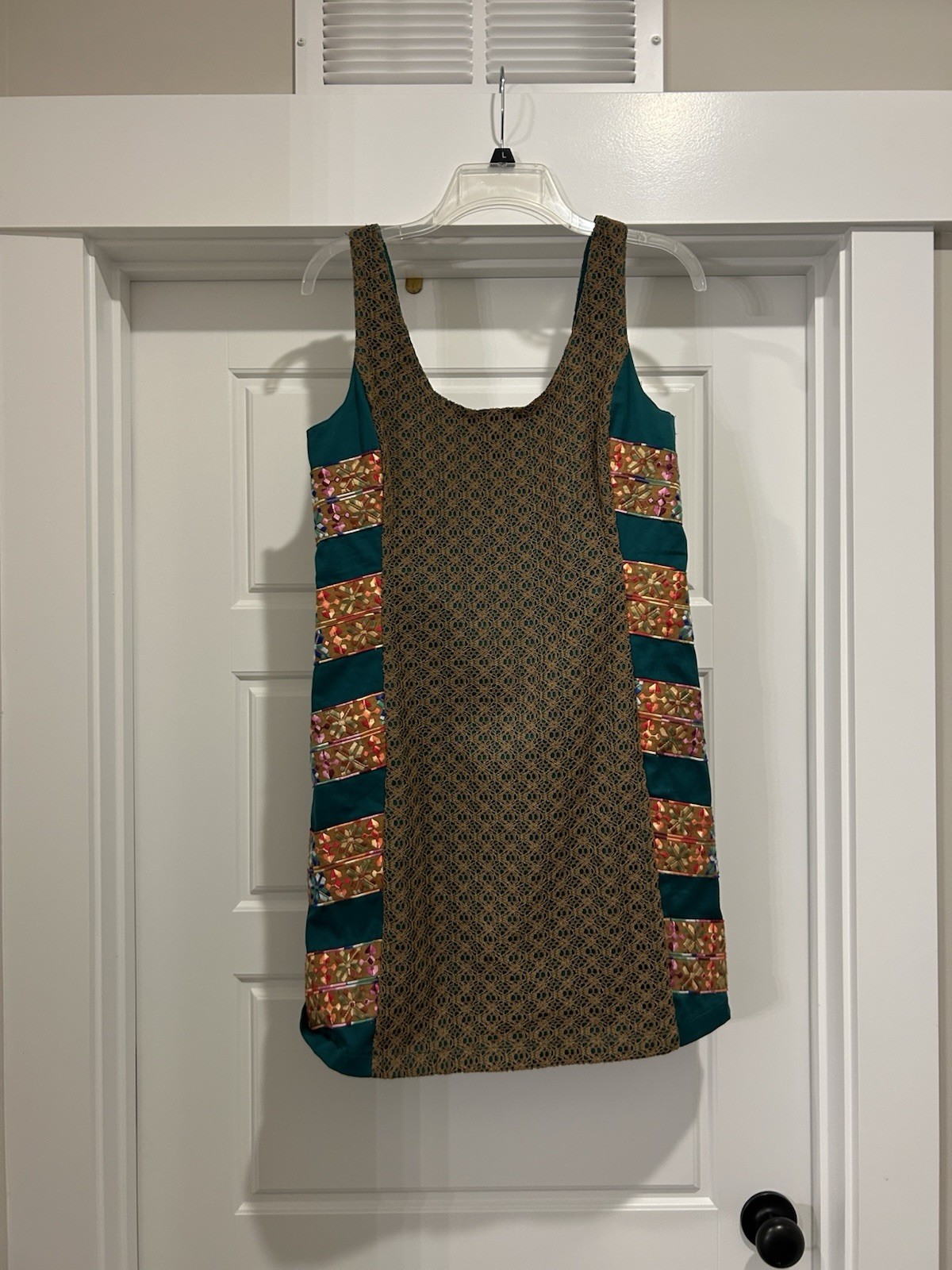 Judith March Teal Embroidered Crocheted Overlay Mini Shift Dress Women’s Large