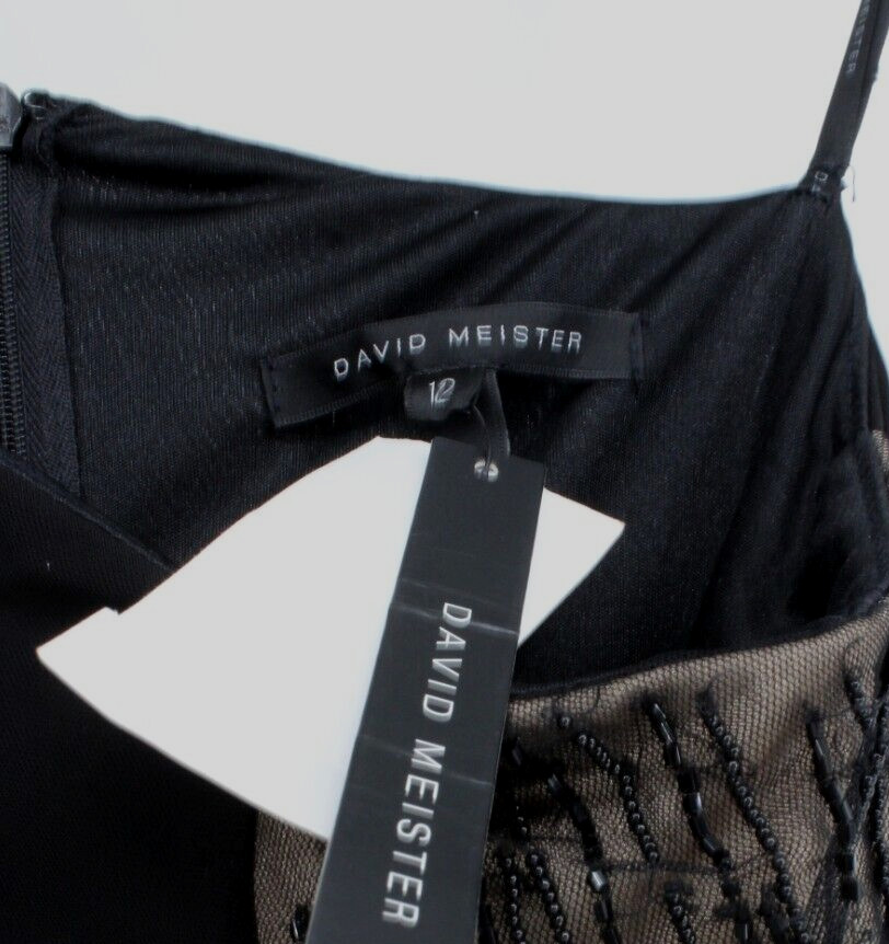 DAVID MEISTER Black 1-Shoulder Long Beaded & nude Side Formal Dress Size 12 $648