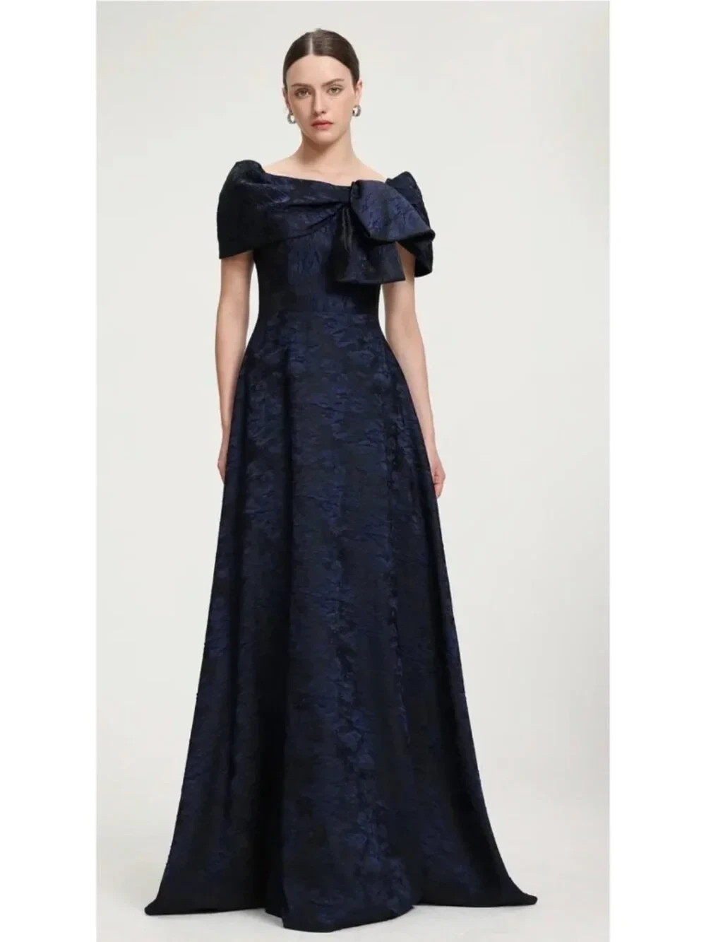 Rene Ruiz Navy Blue Off-Shoulder Floral Embossed Bow Gown Dress Size 12 $499