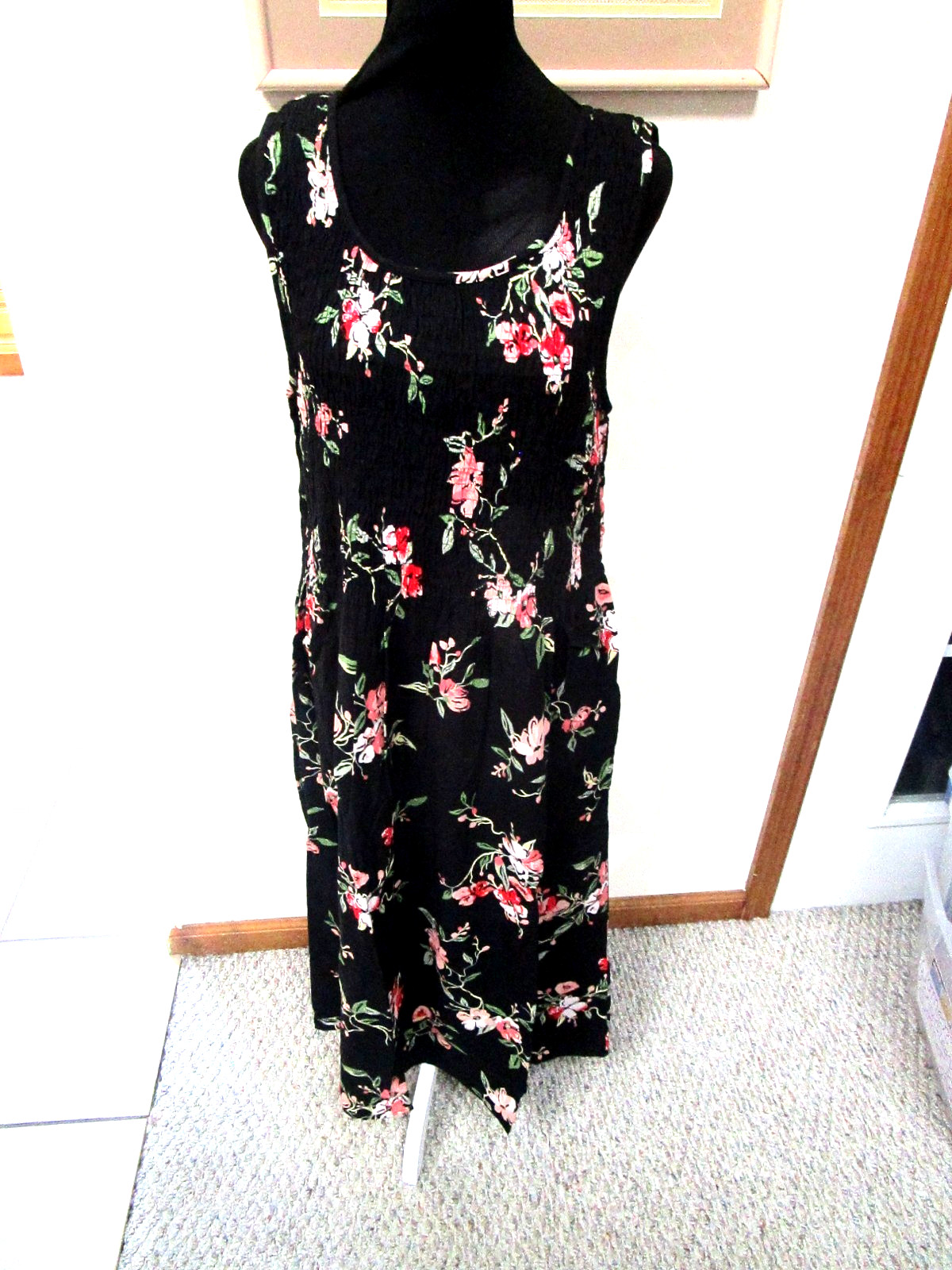 CROFT&BARROW-BLACK/MULTI-FLORAL-SMOCK-SLEEVELESS-POCKET-MAXI DRESS-SIZE-XXL-NEW