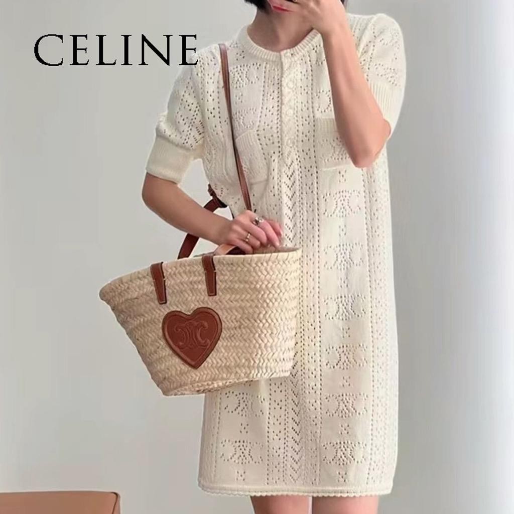 CELINE Ecru Cotton Open Pointelle/Triomphe Knit Dress Size S