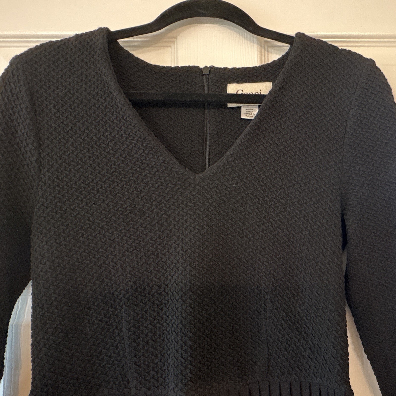 Ganni Womens Size S Black Solid V-Neck 3/4 Sleeve Pleated A-Line Zip Dress