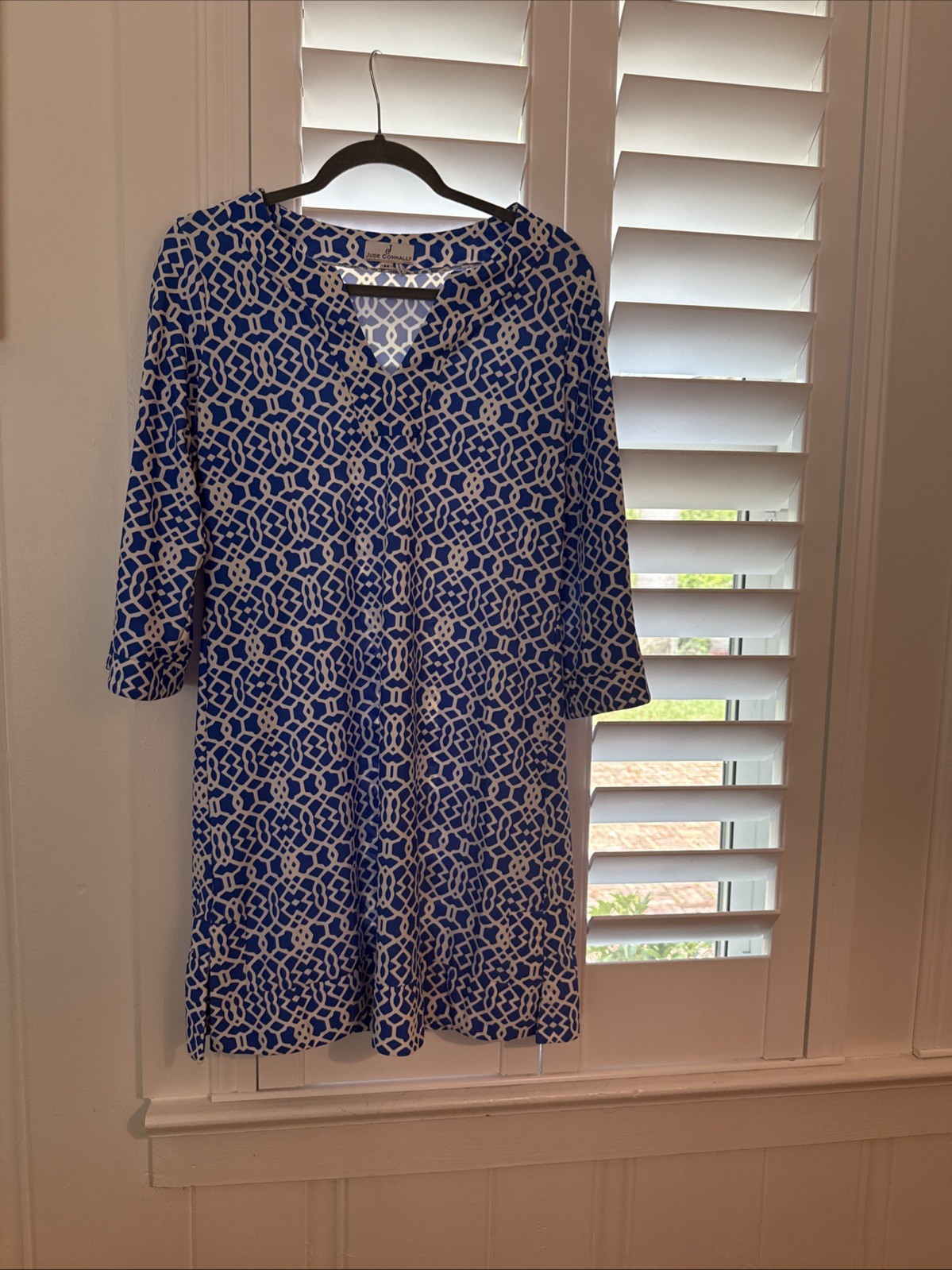 Jude Connally Geometric Lattice Shift Dress Size M Blue White Resortwear Beach